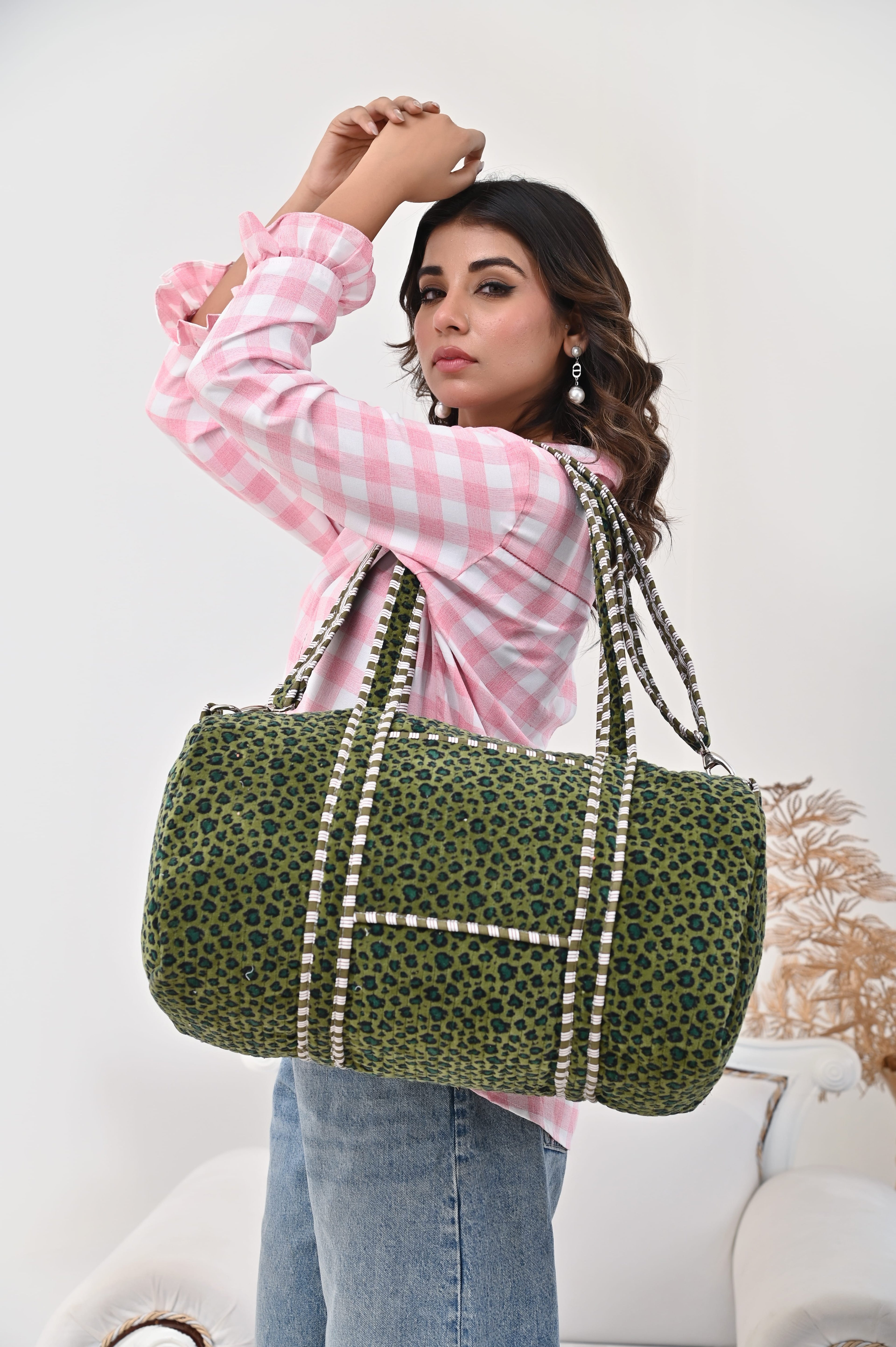 The Velvet Leopard Weekender — handmade quilted velvet weekender bag, ethically made in Rajasthan, India