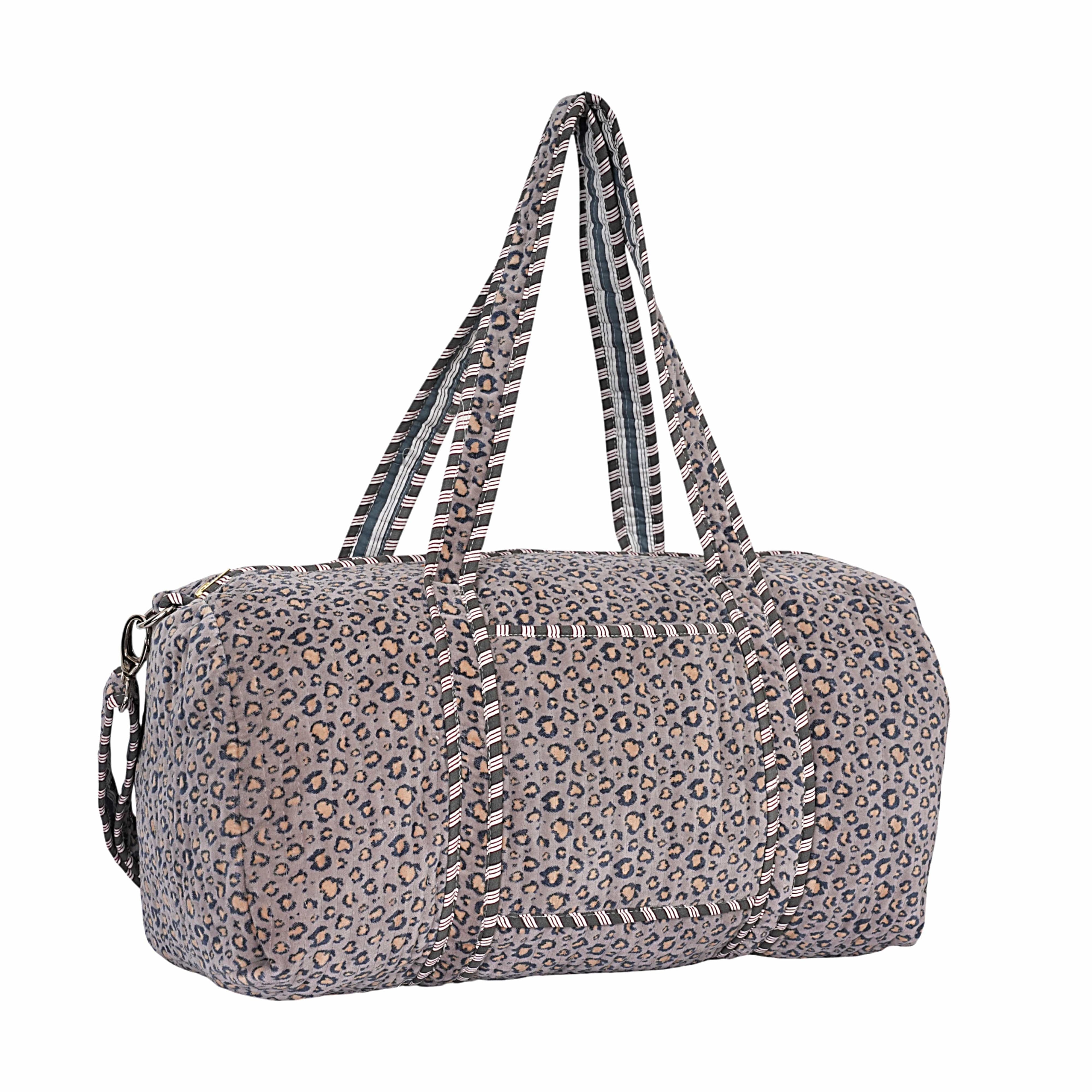 The Velvet Leopard Weekender — handmade quilted velvet weekender bag, ethically made in Rajasthan, India