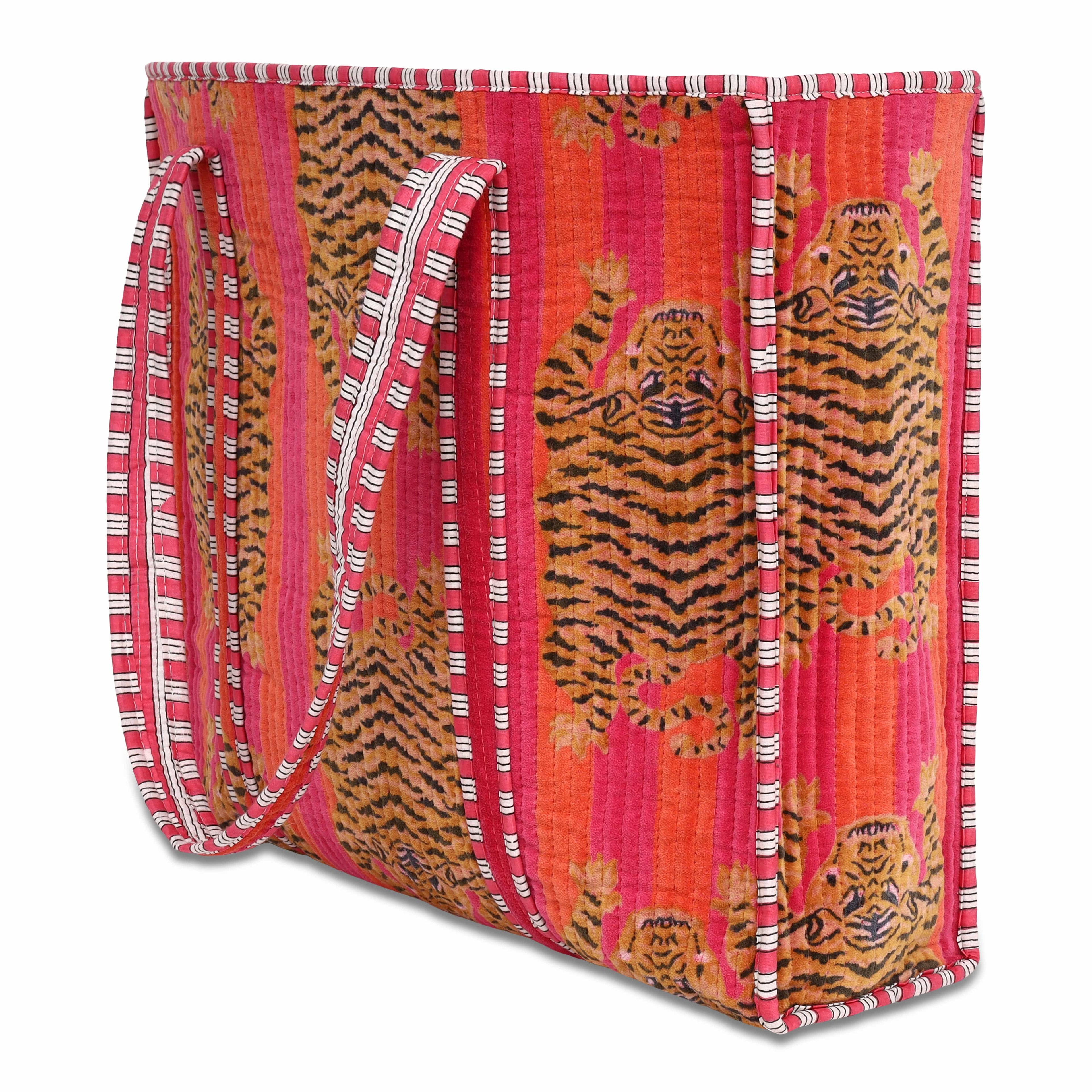The Tibetan Tiger Tote in Velvet — handmade quilted velvet tote bag, ethically made in Rajasthan, India