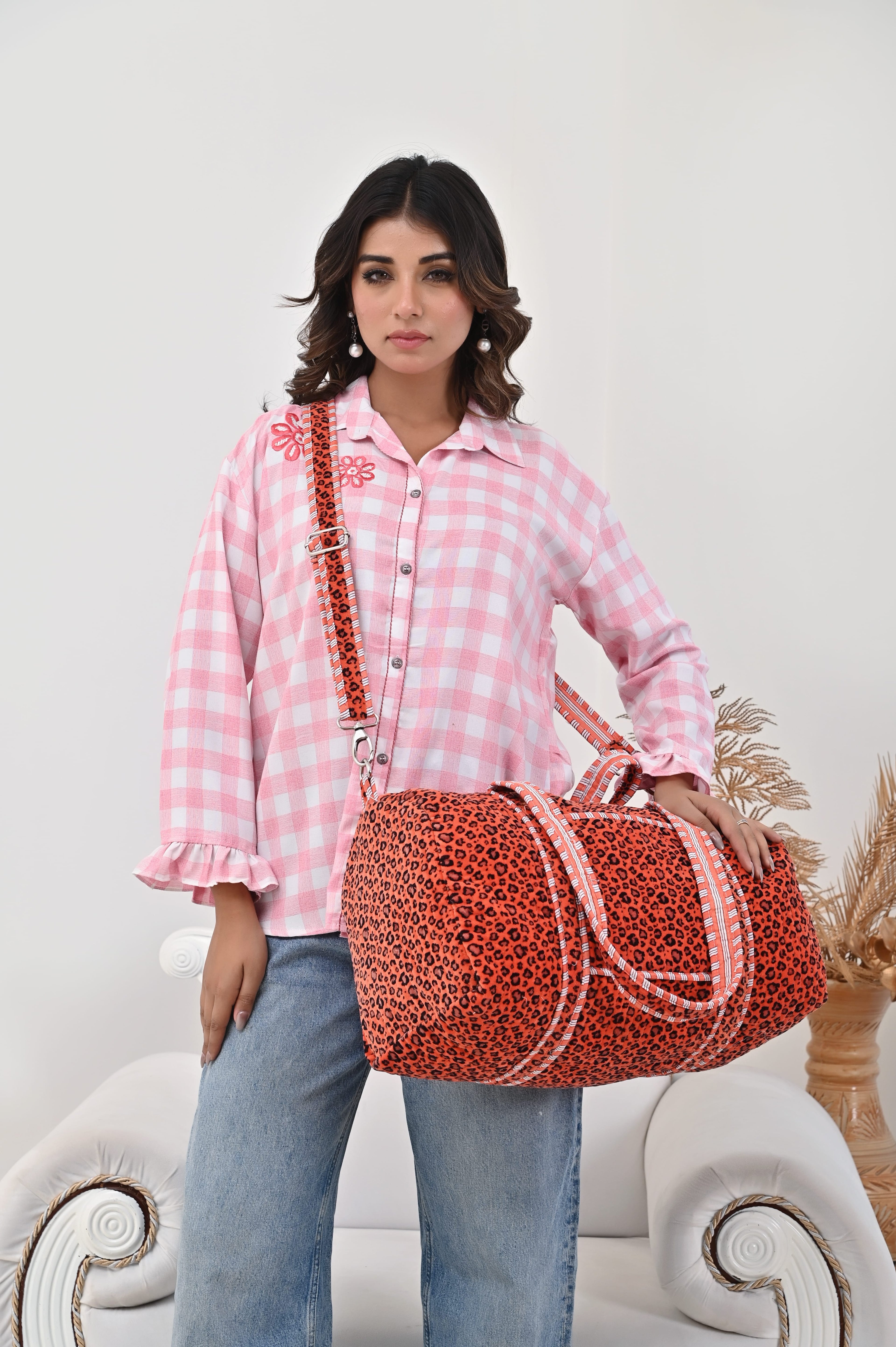 The Velvet Leopard Weekender — handmade quilted velvet weekender bag, ethically made in Rajasthan, India