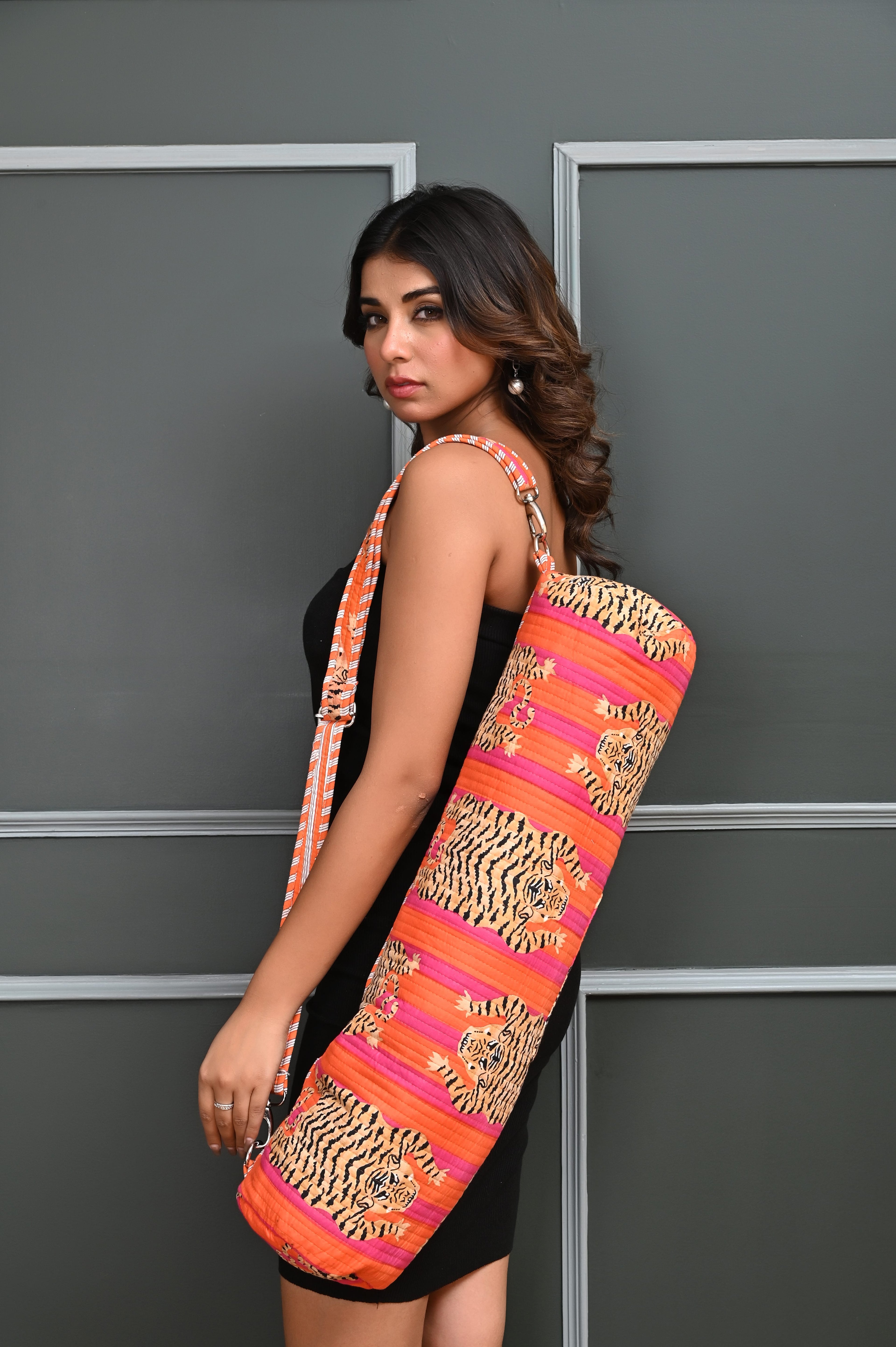 The Tibetan Tiger Yoga Bag — handmade hand block printed cotton yoga mat bag, ethically made in Rajasthan, India