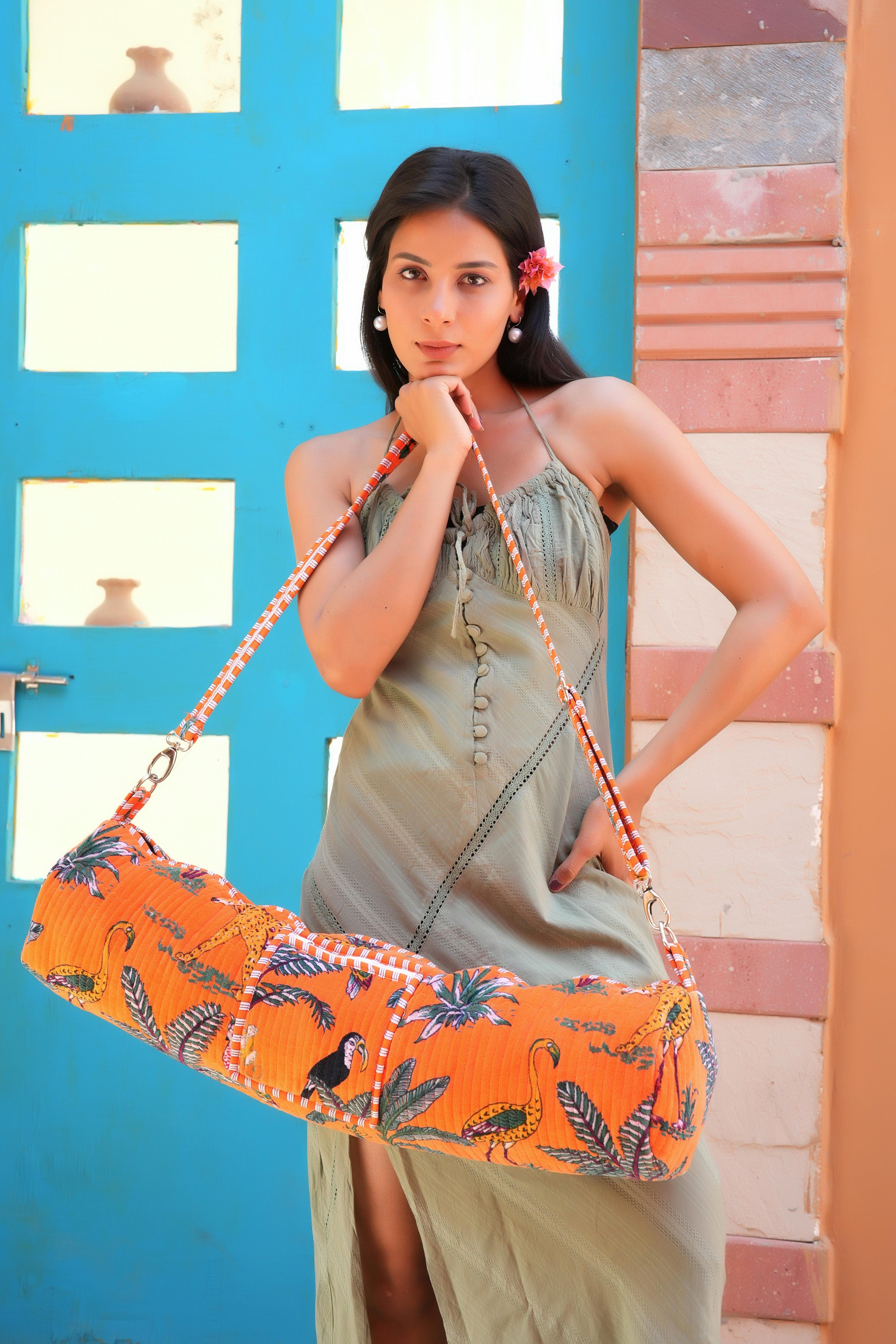 The Jungle Velvet Yoga Bag — handcrafted velvet yoga mat bag with bold Indian jungle print, made in India