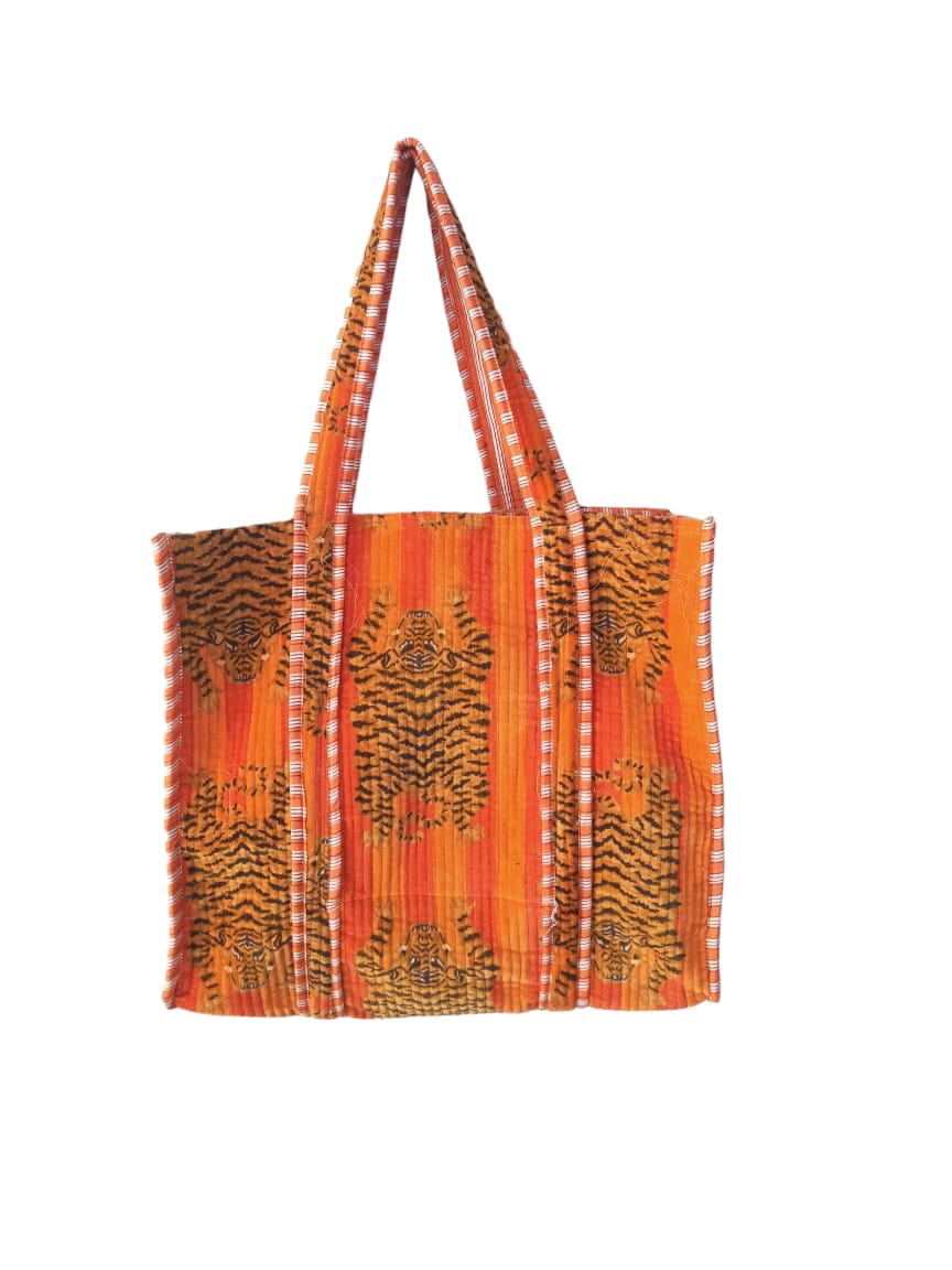 The Tibetan Tiger Tote in Velvet — handmade quilted velvet tote bag, ethically made in Rajasthan, India