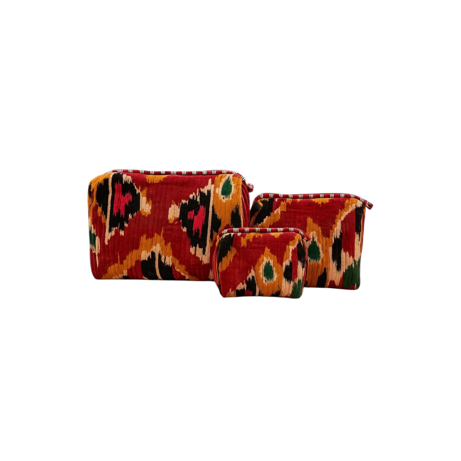 Ikat Velvet 3 Piece Travel Set — handmade quilted velvet travel pouch set, ethically made in Rajasthan, India