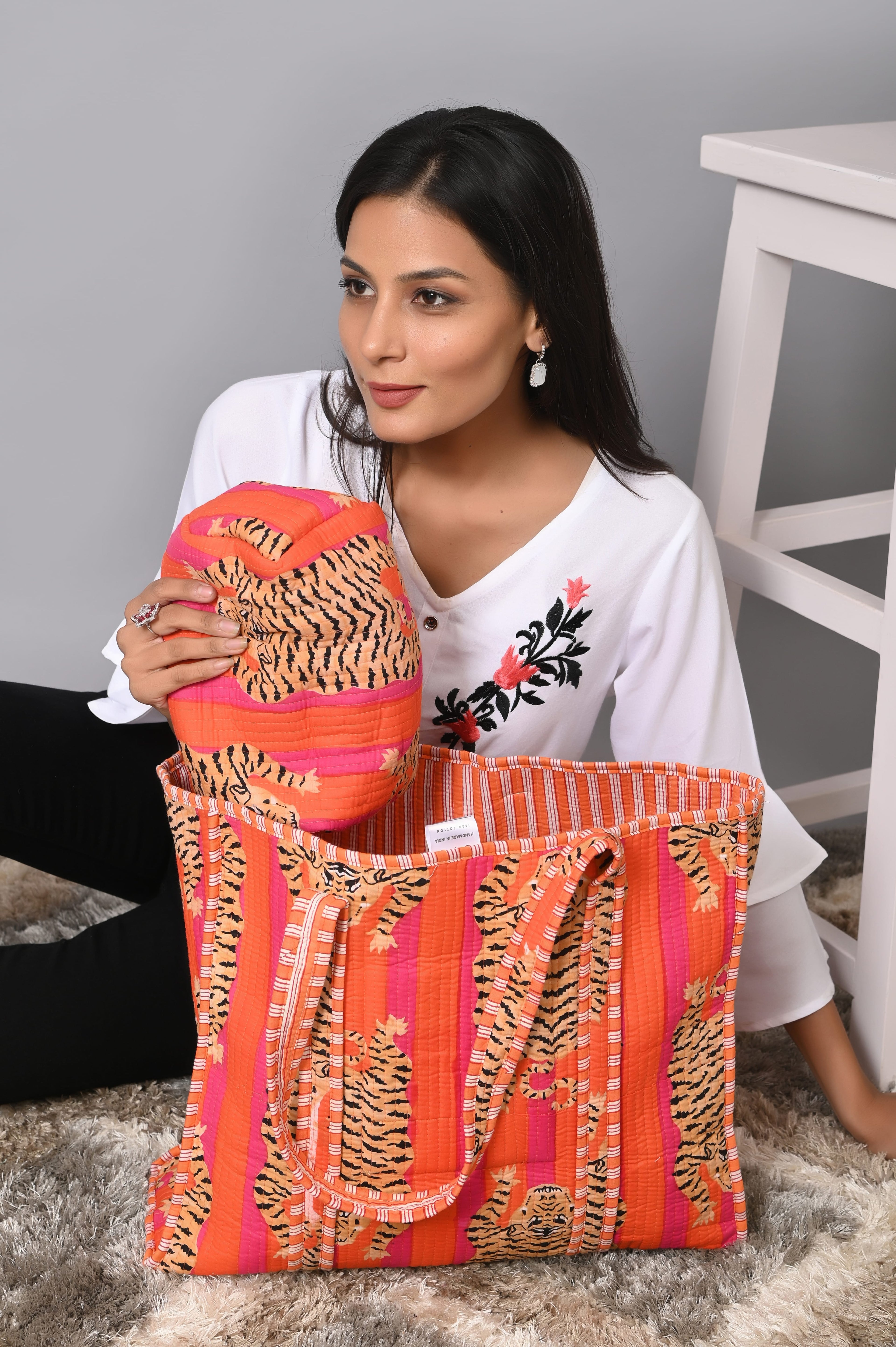 Tibetan Tiger Velvet 3 Piece Travel Set — handmade quilted velvet travel pouch set, ethically made in Rajasthan, India