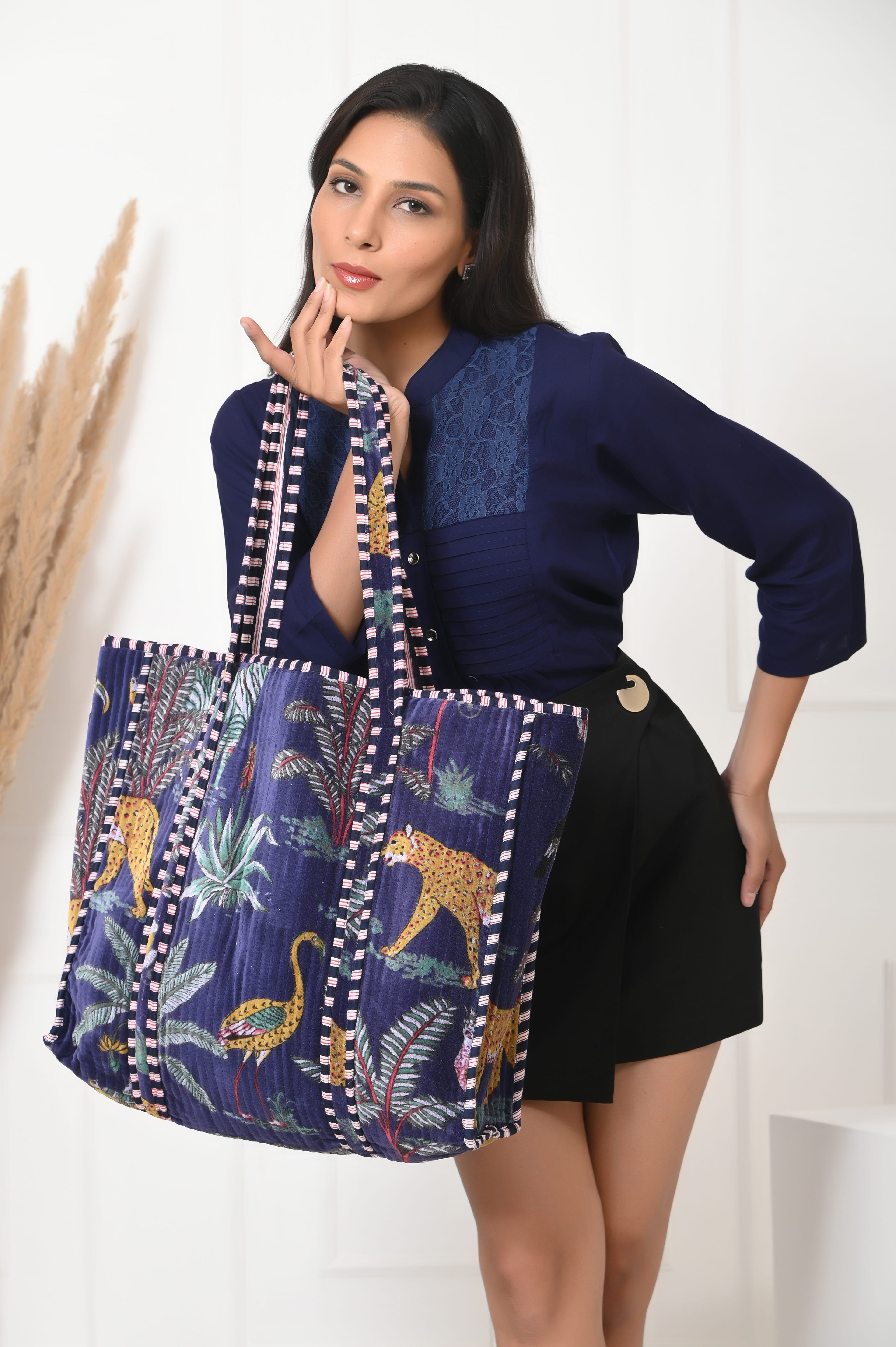 The Jungle Tote in Velvet — handmade quilted velvet tote with bold Indian jungle print, ethically made in India