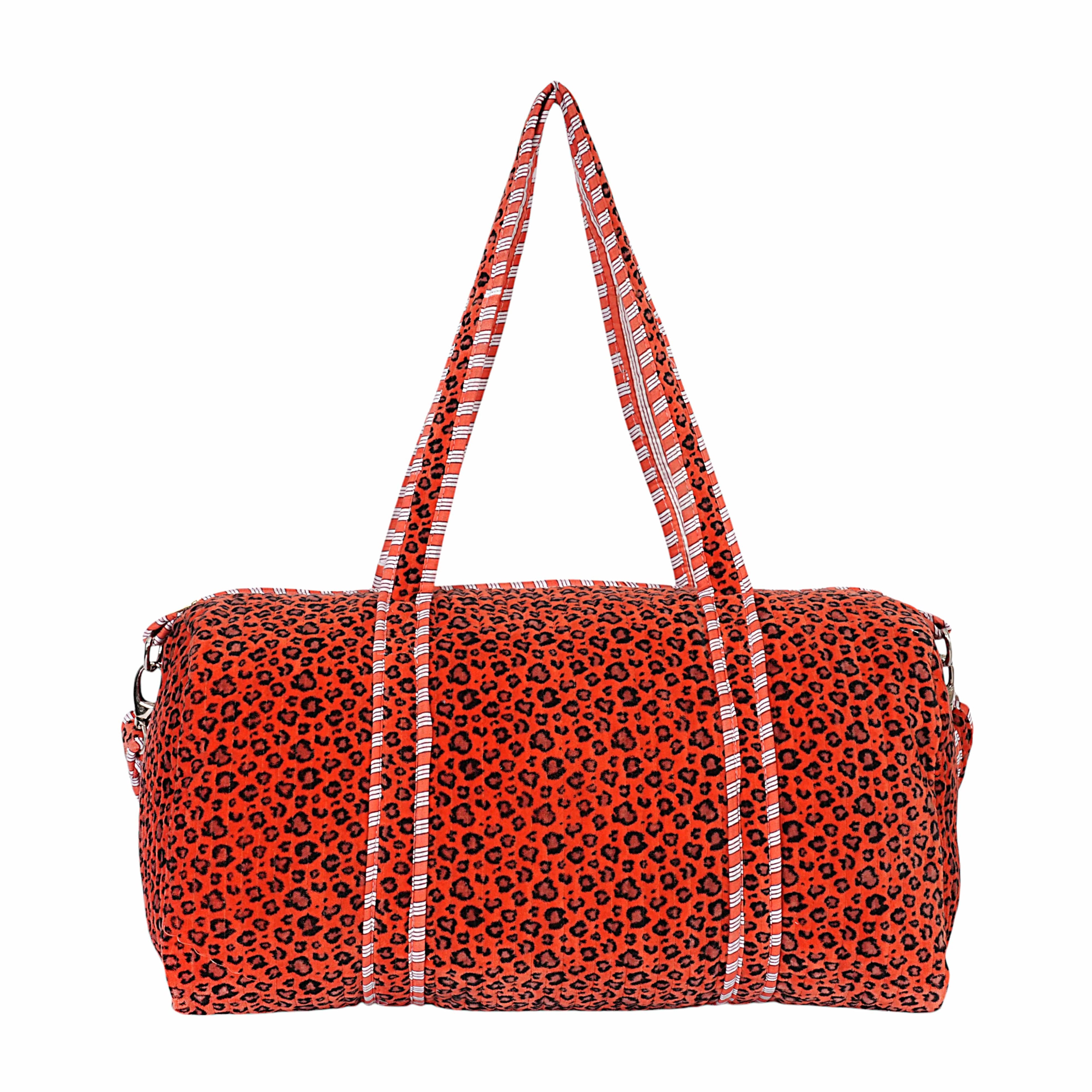 The Velvet Leopard Weekender — handmade quilted velvet weekender bag, ethically made in Rajasthan, India