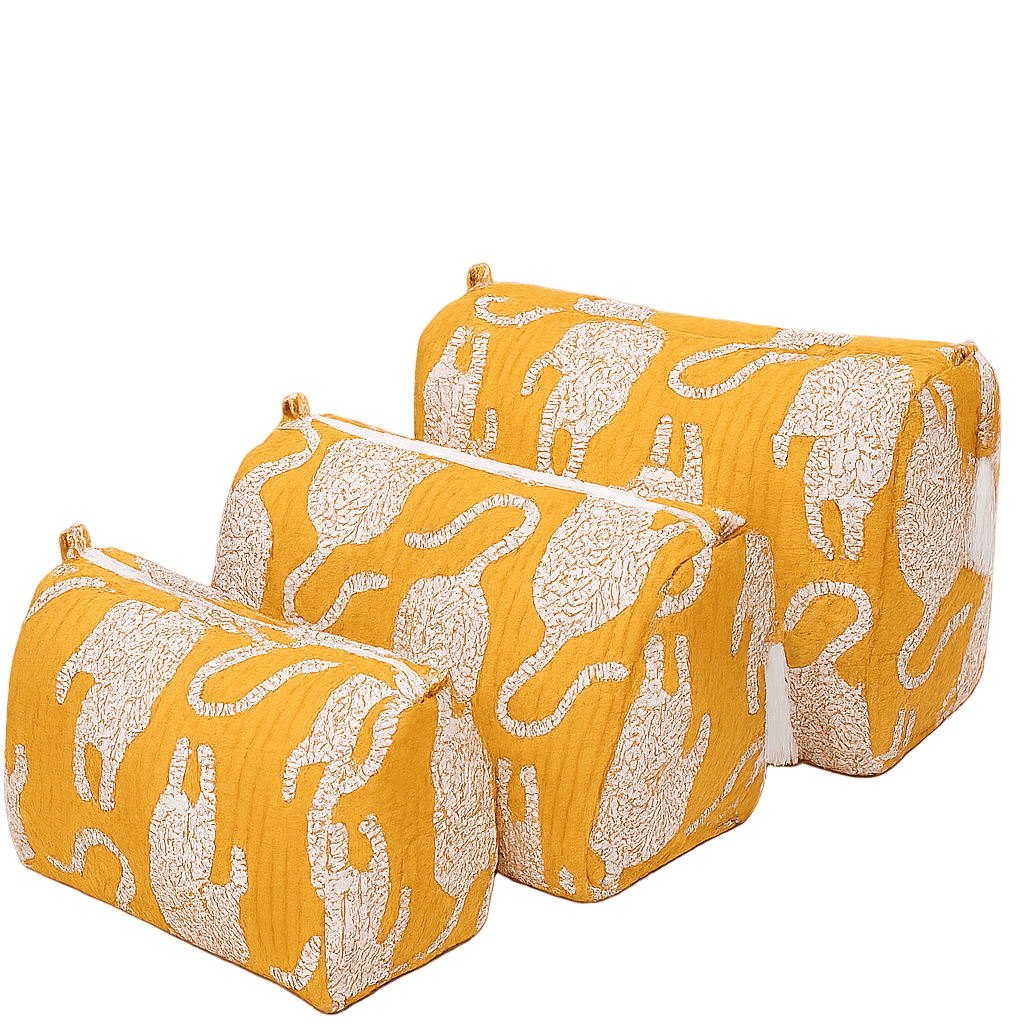 The Mouse Tiger Travel Set — handmade hand block printed cotton travel pouch set, ethically made in Rajasthan, India