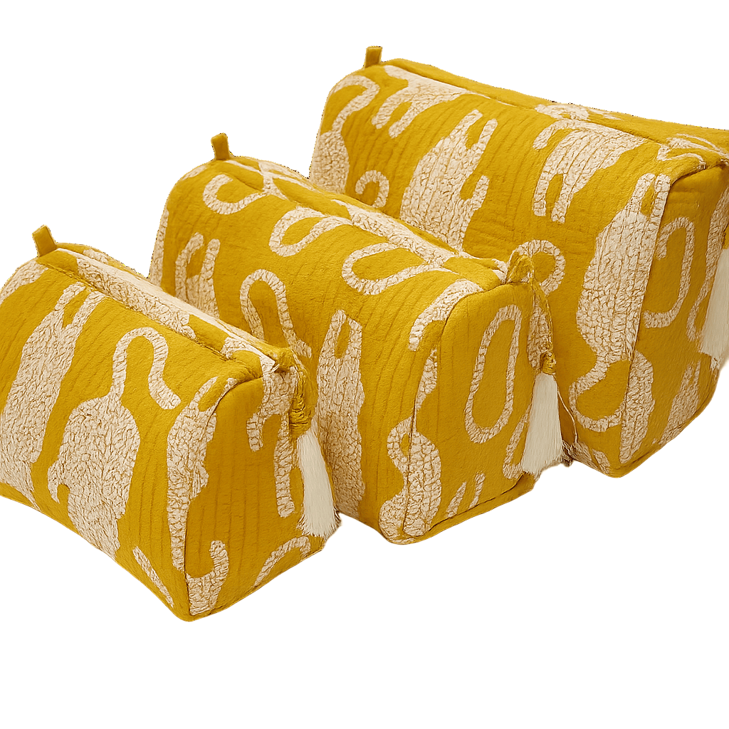 The Mouse Tiger Travel Set — handmade hand block printed cotton travel pouch set, ethically made in Rajasthan, India