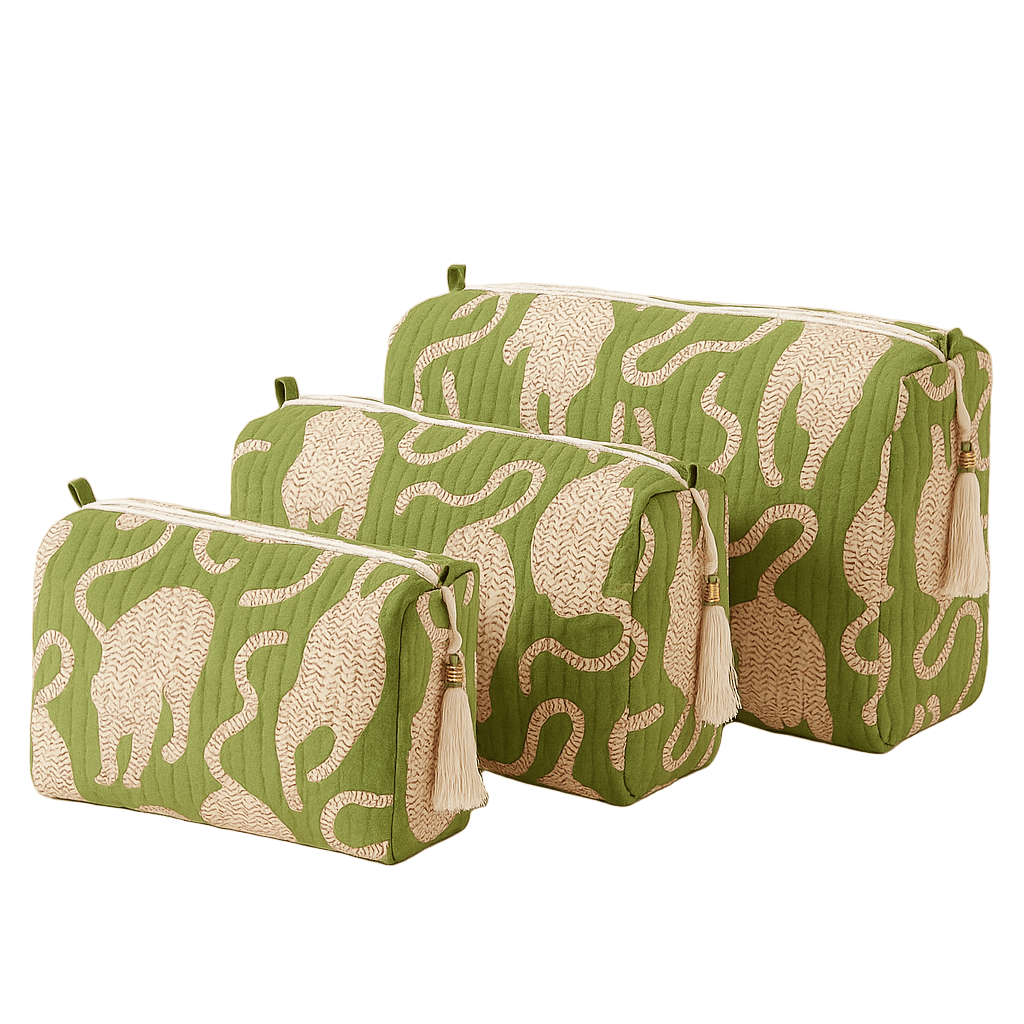 The Mouse Tiger Travel Set — handmade hand block printed cotton travel pouch set, ethically made in Rajasthan, India