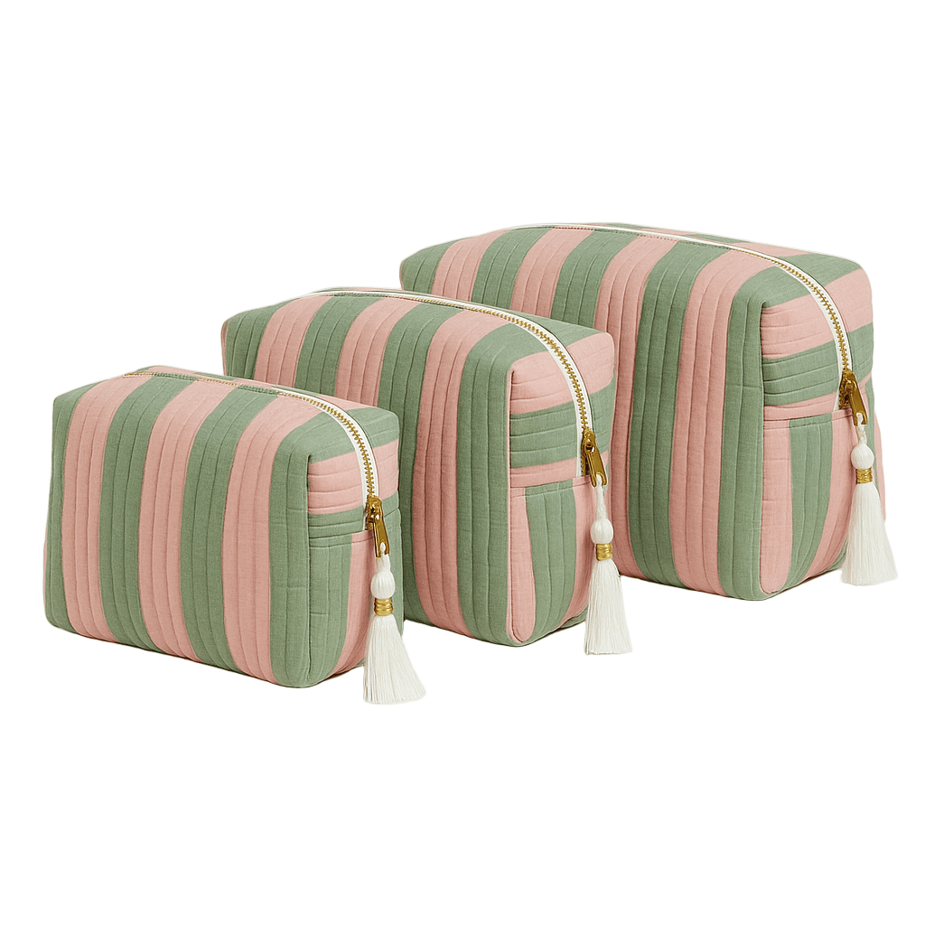The Striped Travel Set — handmade hand block printed cotton travel pouch set, ethically made in Rajasthan, India