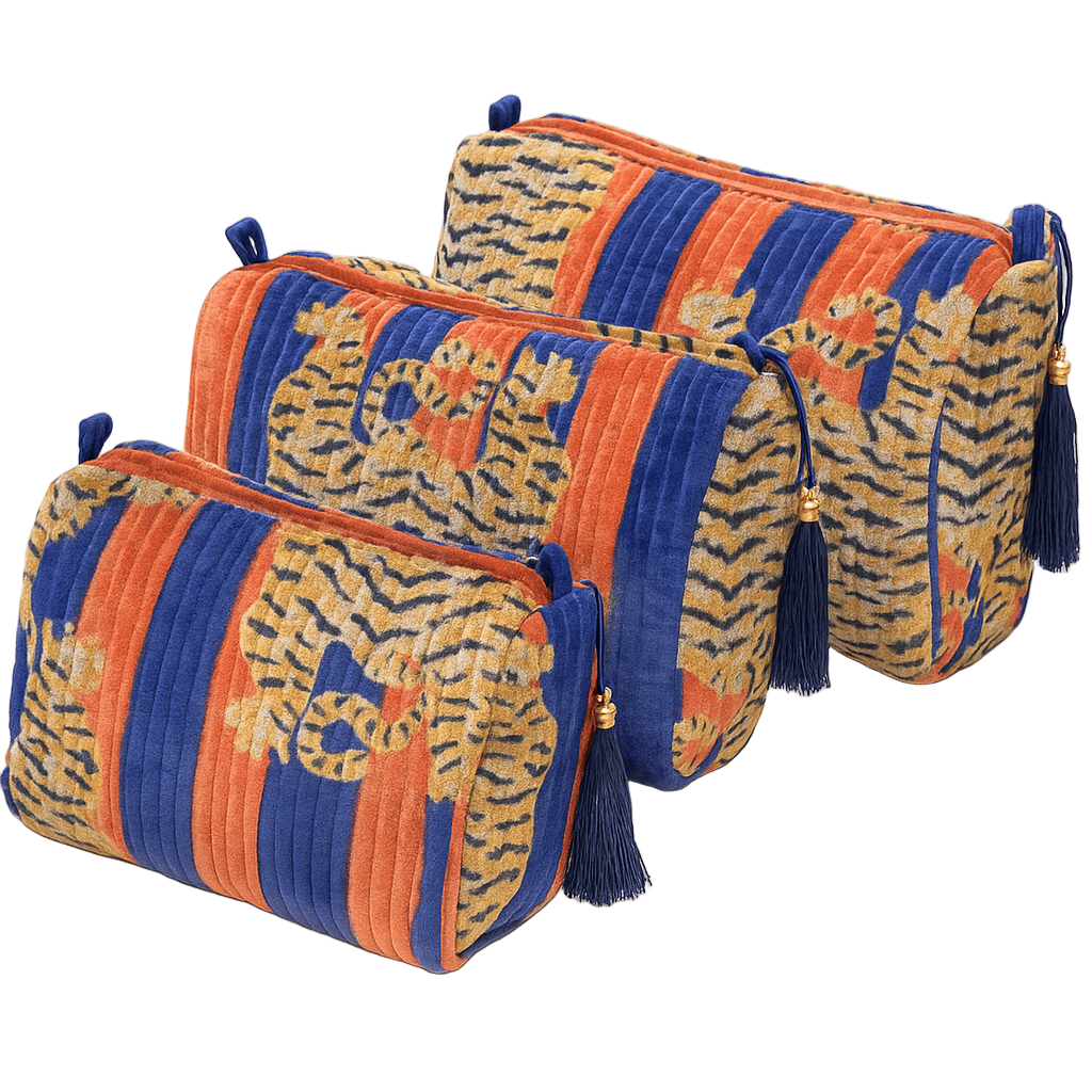 Tibetan Tiger Velvet 3 Piece Travel Set — handmade quilted velvet travel pouch set, ethically made in Rajasthan, India