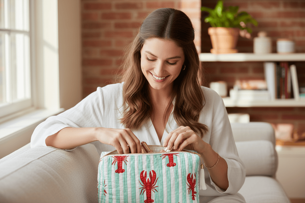 Detail of the hand-block-printed striped lobster motif on natural cotton