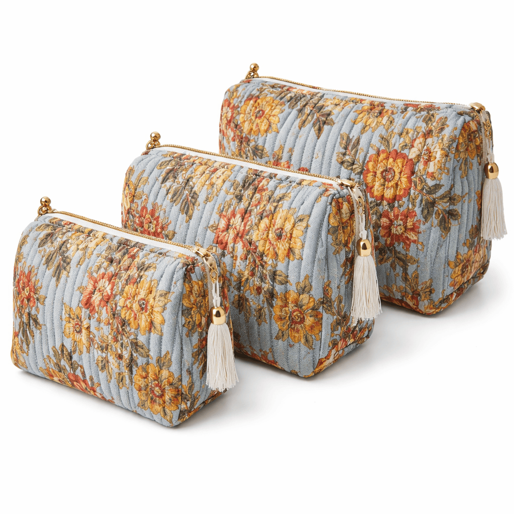 The Floral Velvet Travel Set — handmade quilted velvet travel pouch set, ethically made in Rajasthan, India