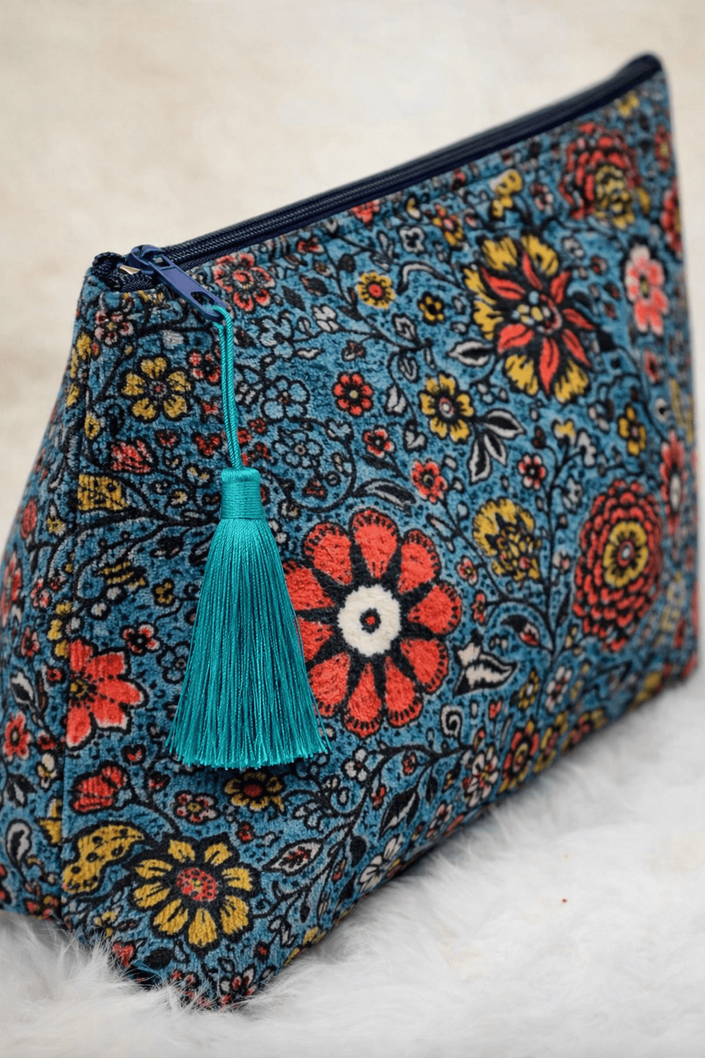 Blue Suzani Velvet Makeup Bag — handmade quilted velvet makeup pouch, ethically made in Rajasthan, India