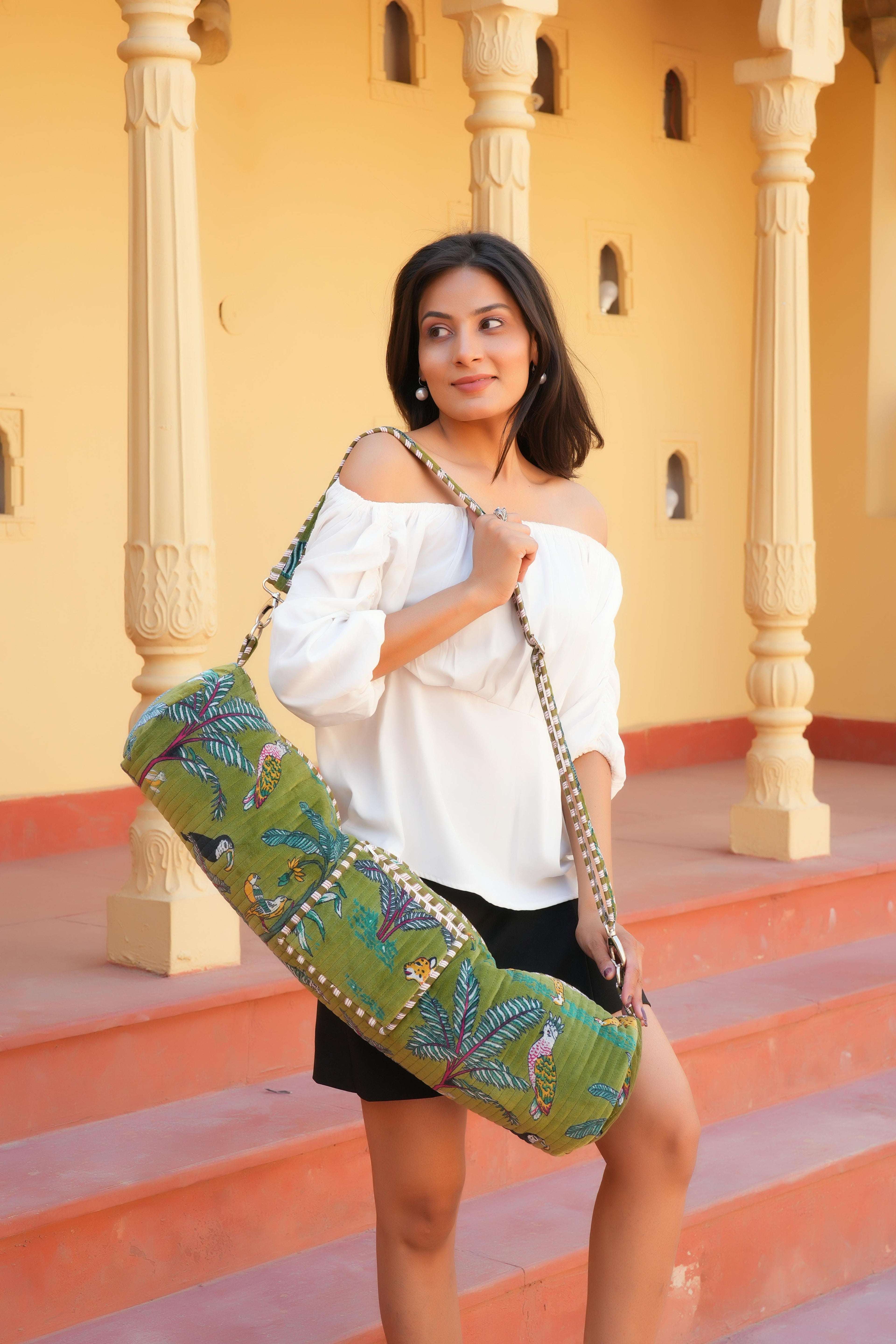 The Jungle Velvet Yoga Bag — handcrafted velvet yoga mat bag with bold Indian jungle print, made in India