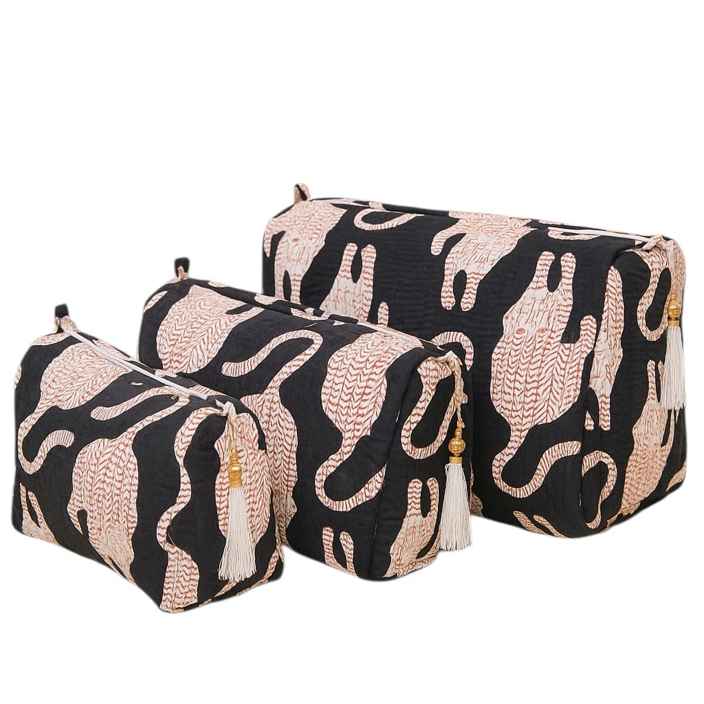 The Mouse Tiger Travel Set — handmade hand block printed cotton travel pouch set, ethically made in Rajasthan, India