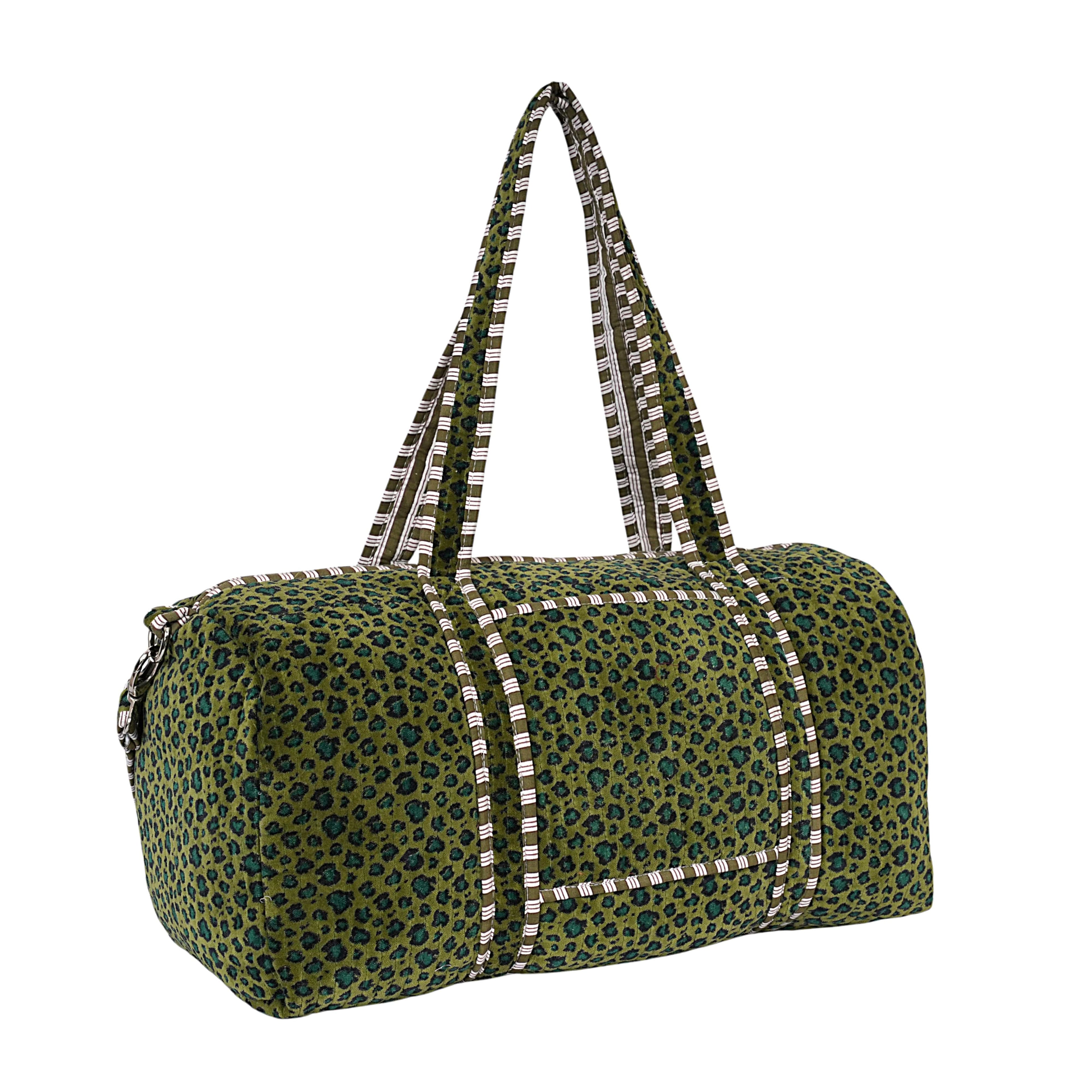 The Velvet Leopard Weekender — handmade quilted velvet weekender bag, ethically made in Rajasthan, India