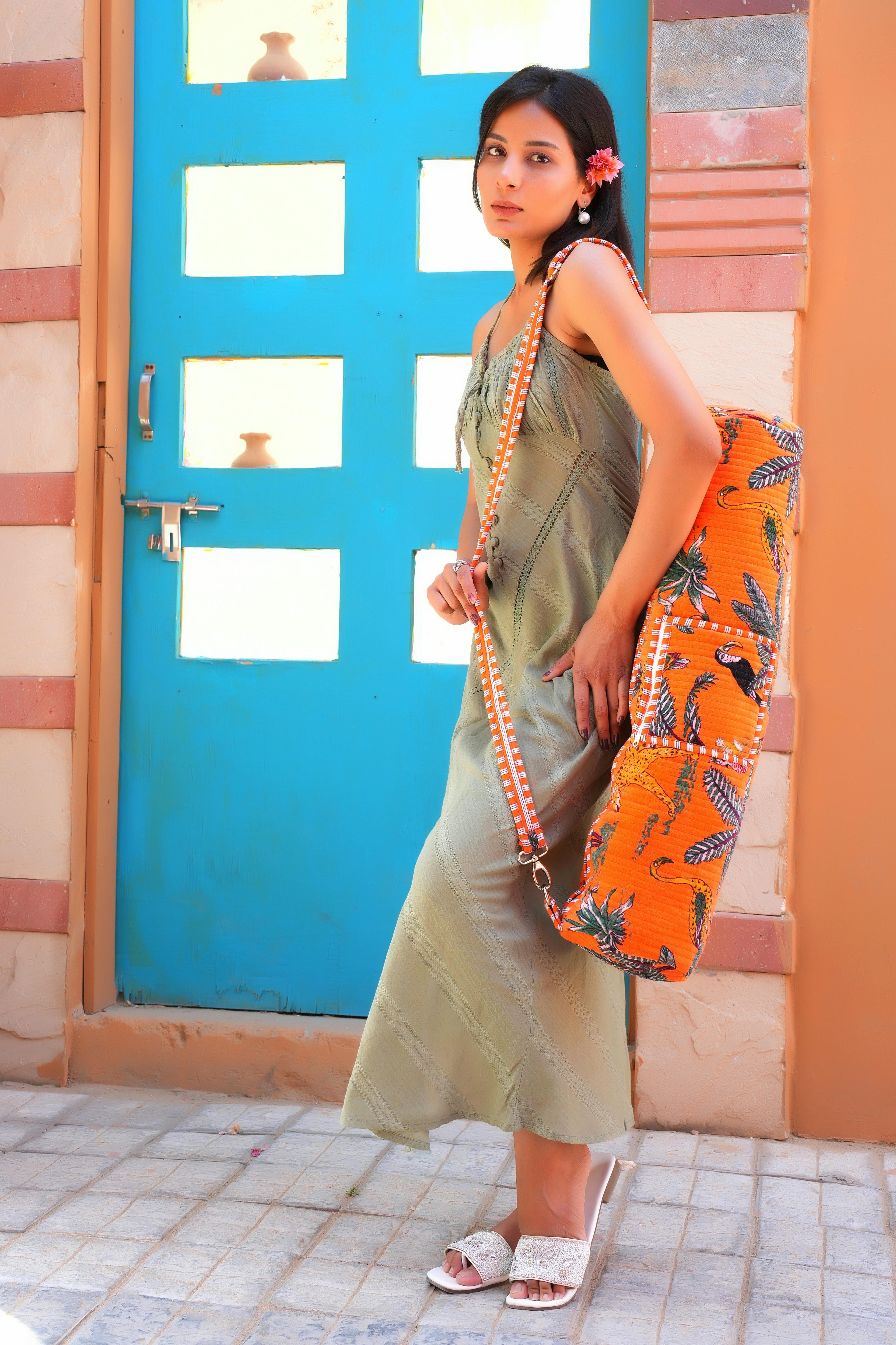 The Jungle Velvet Yoga Bag — handcrafted velvet yoga mat bag with bold Indian jungle print, made in India