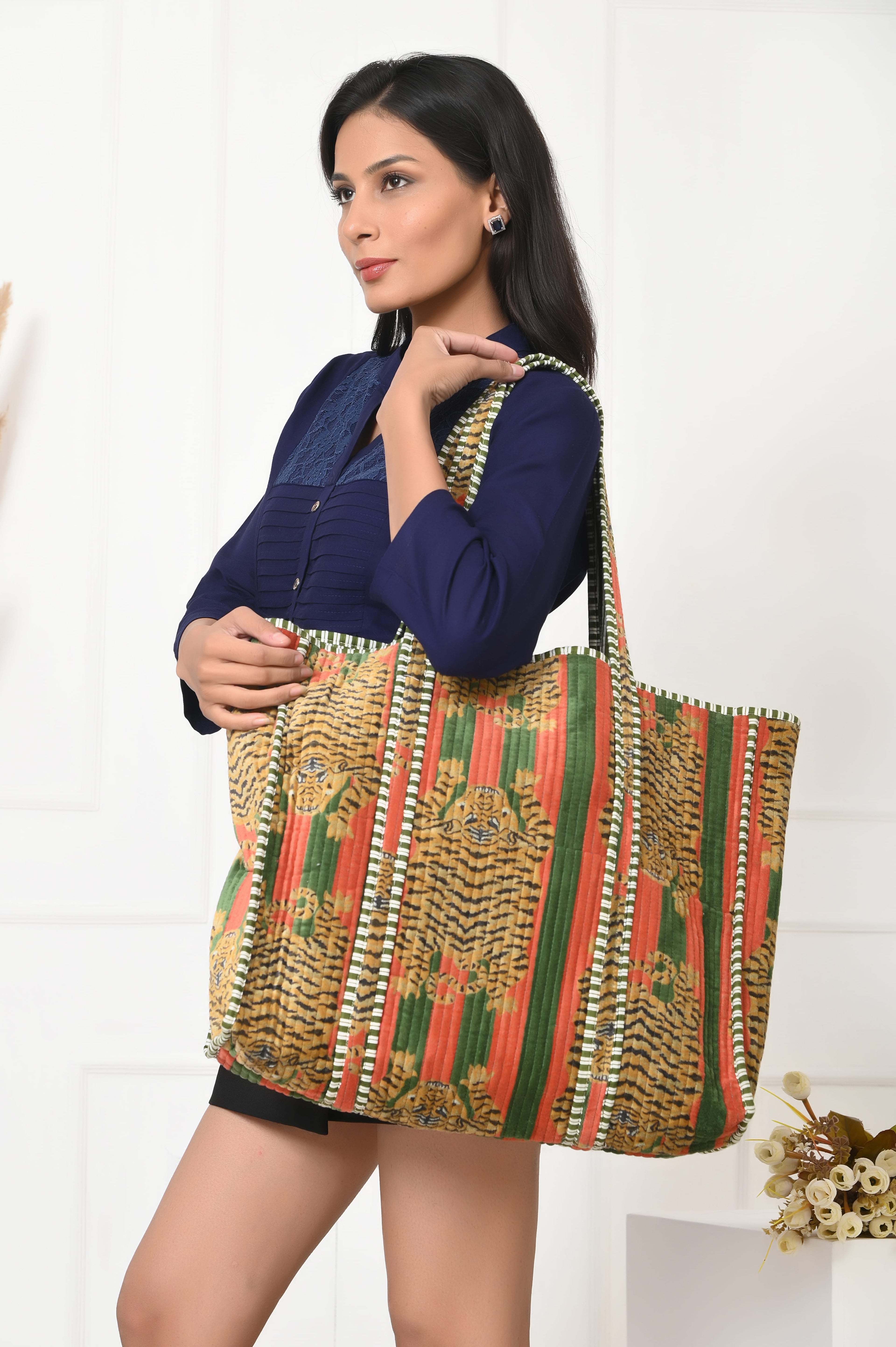 The Tibetan Tiger Tote in Velvet — handmade quilted velvet tote bag, ethically made in Rajasthan, India
