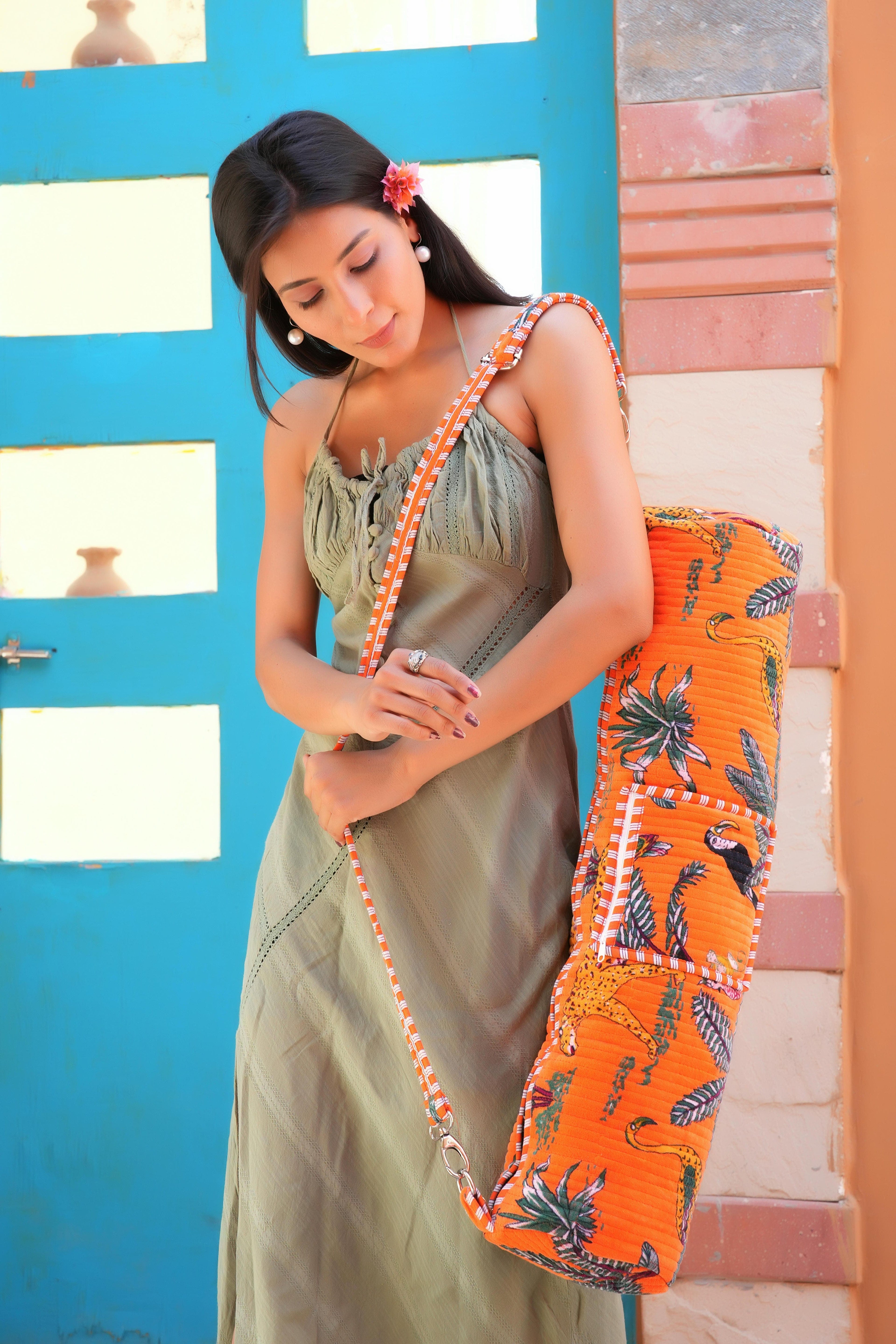 The Jungle Velvet Yoga Bag — handcrafted velvet yoga mat bag with bold Indian jungle print, made in India