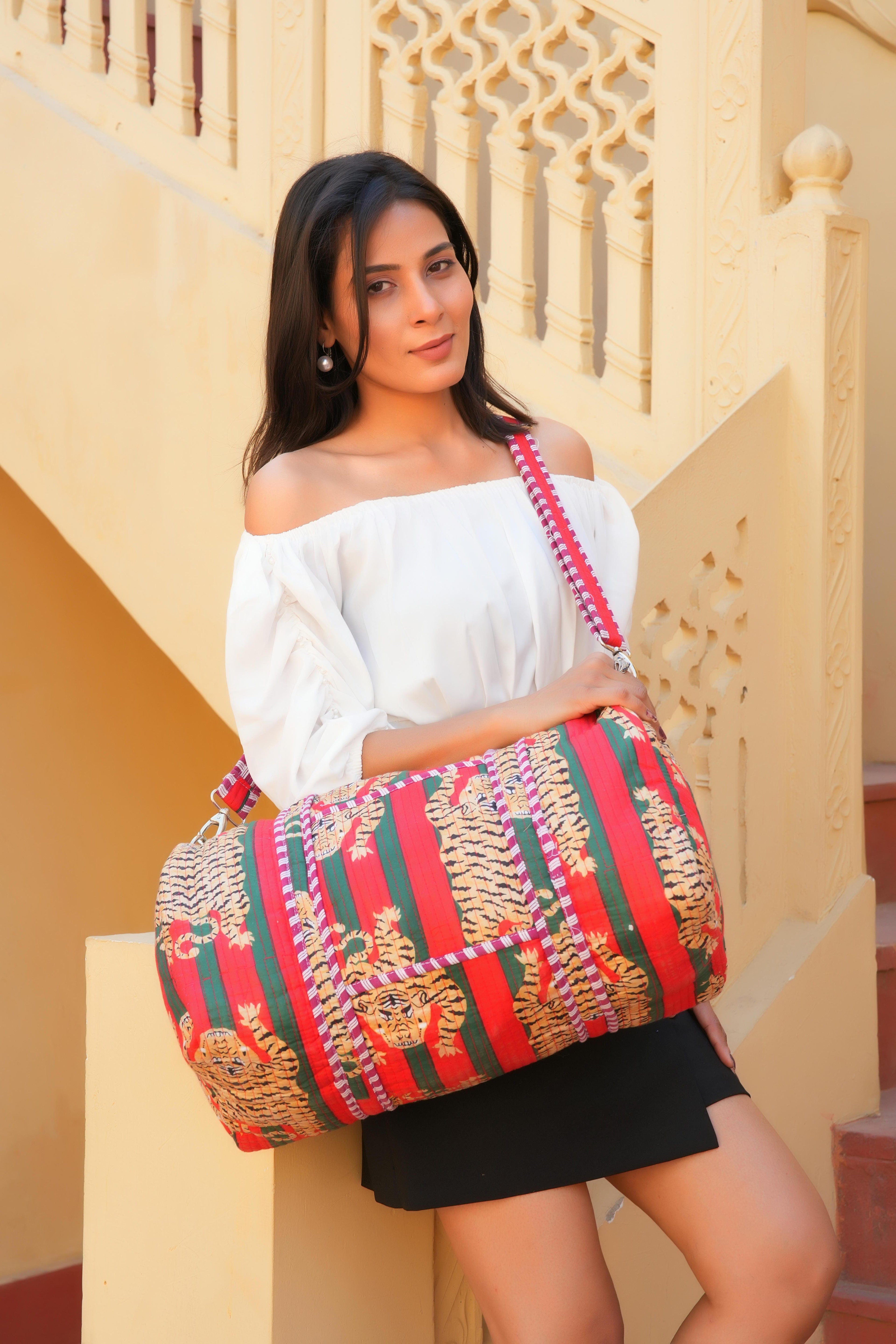The Tibetan Tiger Weekender — handmade hand block printed cotton weekender bag, ethically made in Rajasthan, India
