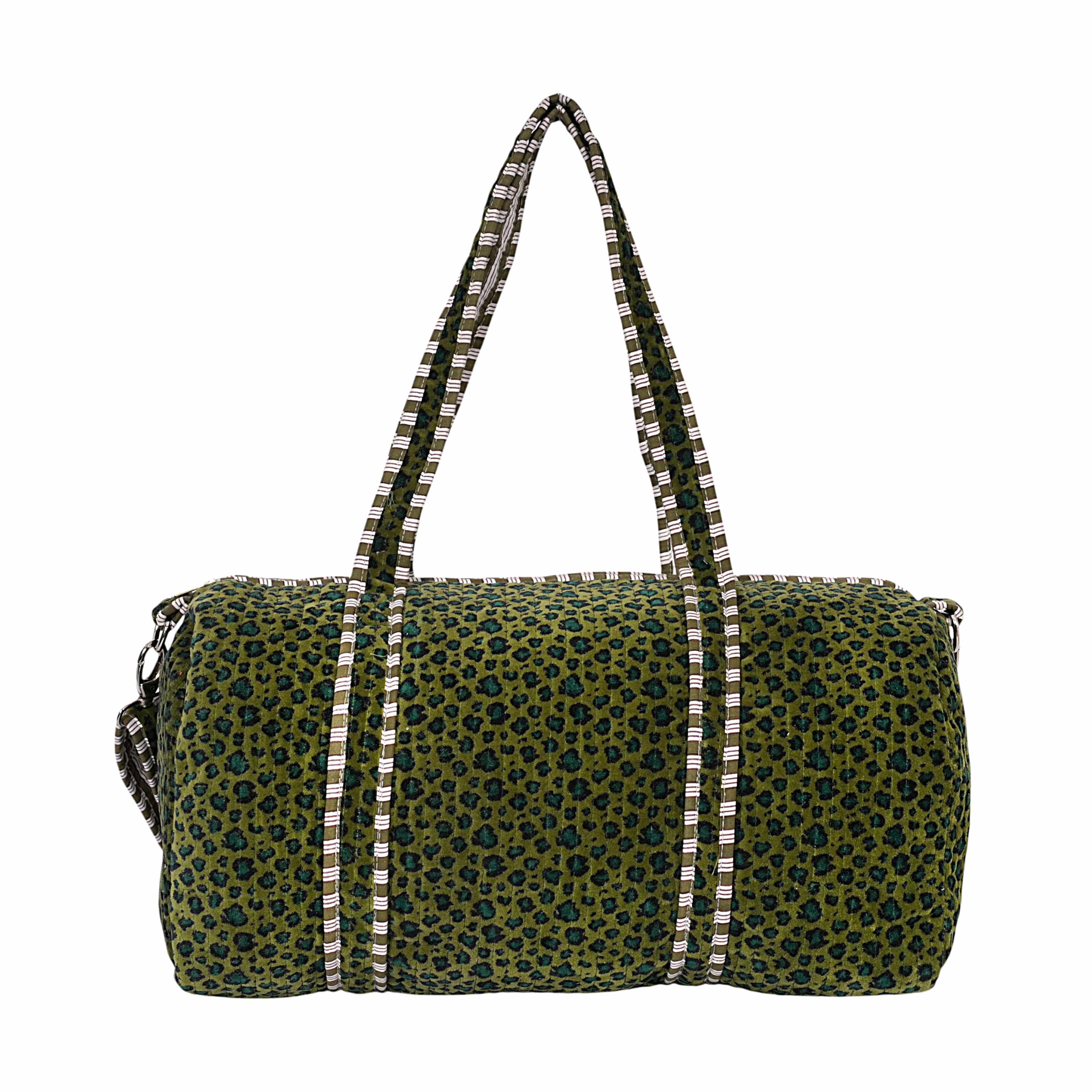The Velvet Leopard Weekender — handmade quilted velvet weekender bag, ethically made in Rajasthan, India