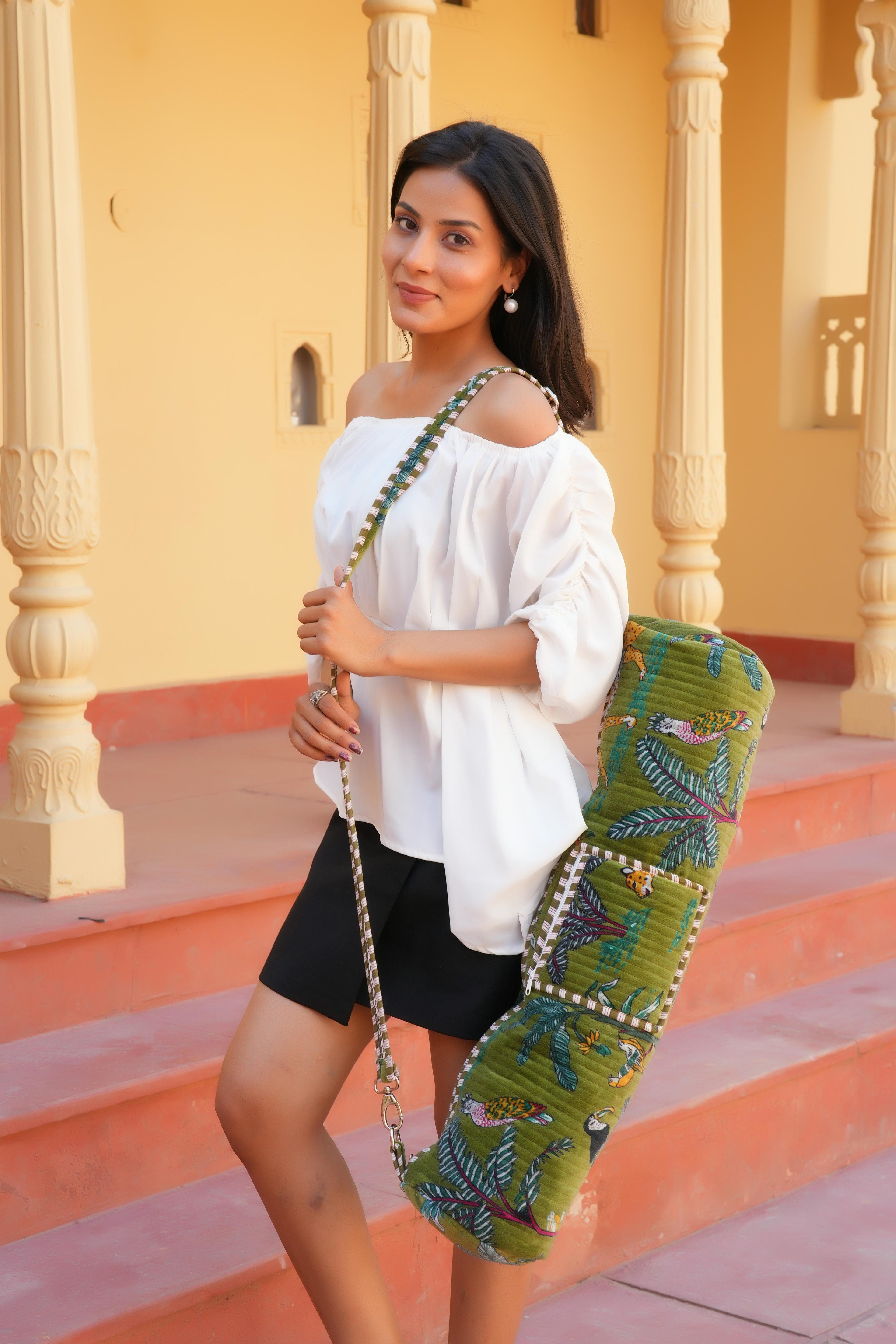 The Jungle Velvet Yoga Bag — handcrafted velvet yoga mat bag with bold Indian jungle print, made in India