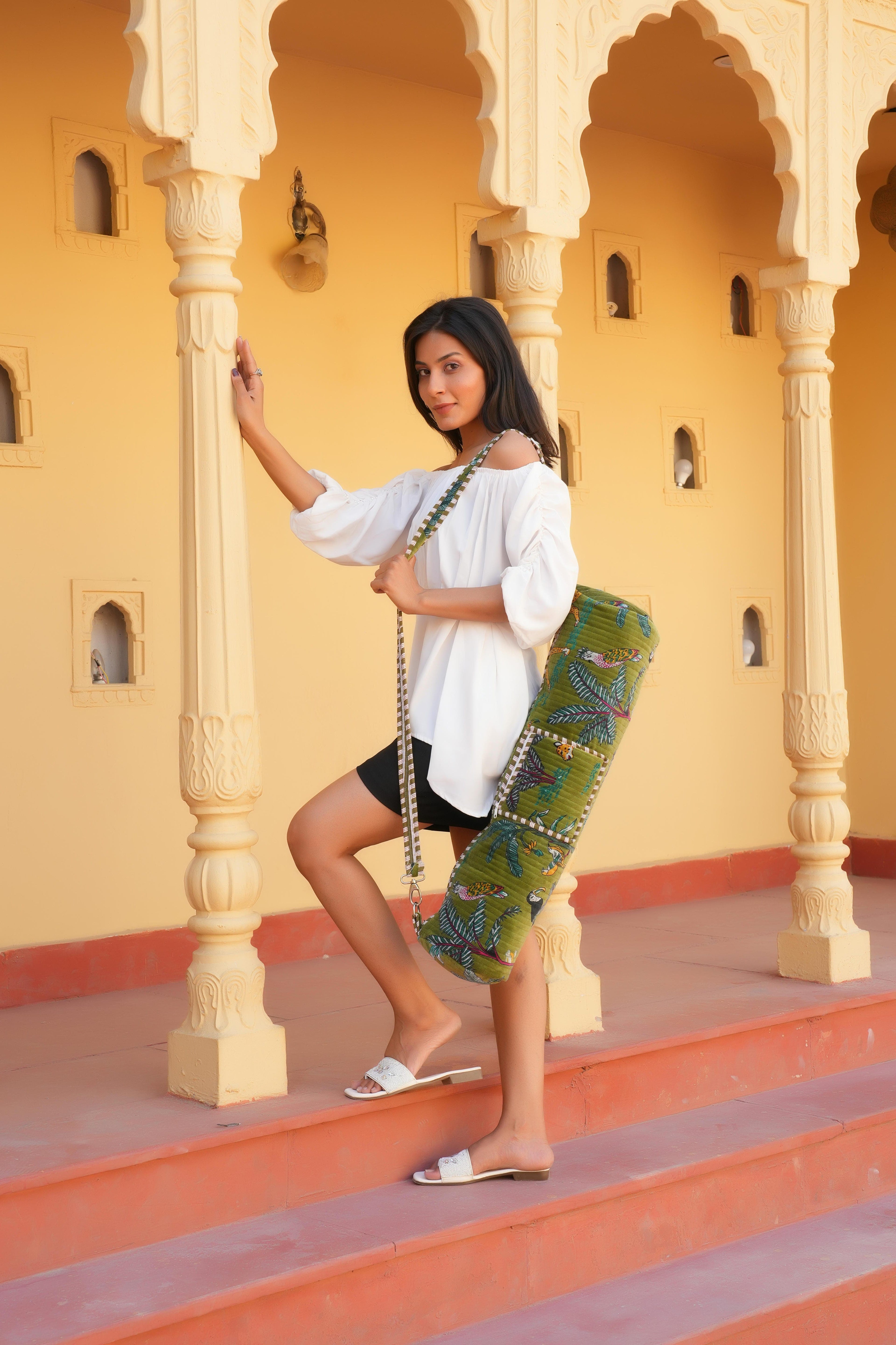 The Jungle Velvet Yoga Bag — handcrafted velvet yoga mat bag with bold Indian jungle print, made in India