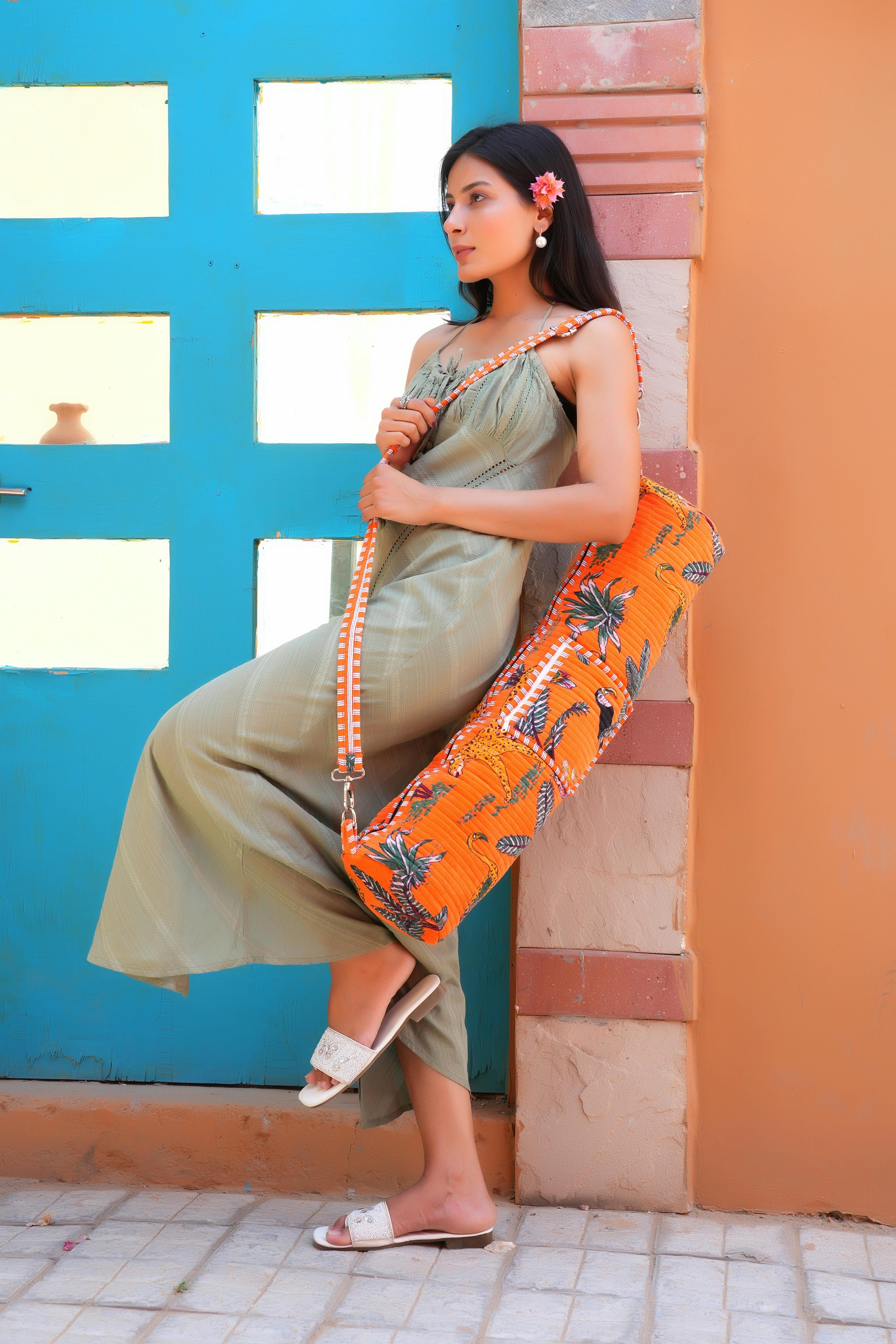 The Jungle Velvet Yoga Bag — handcrafted velvet yoga mat bag with bold Indian jungle print, made in India