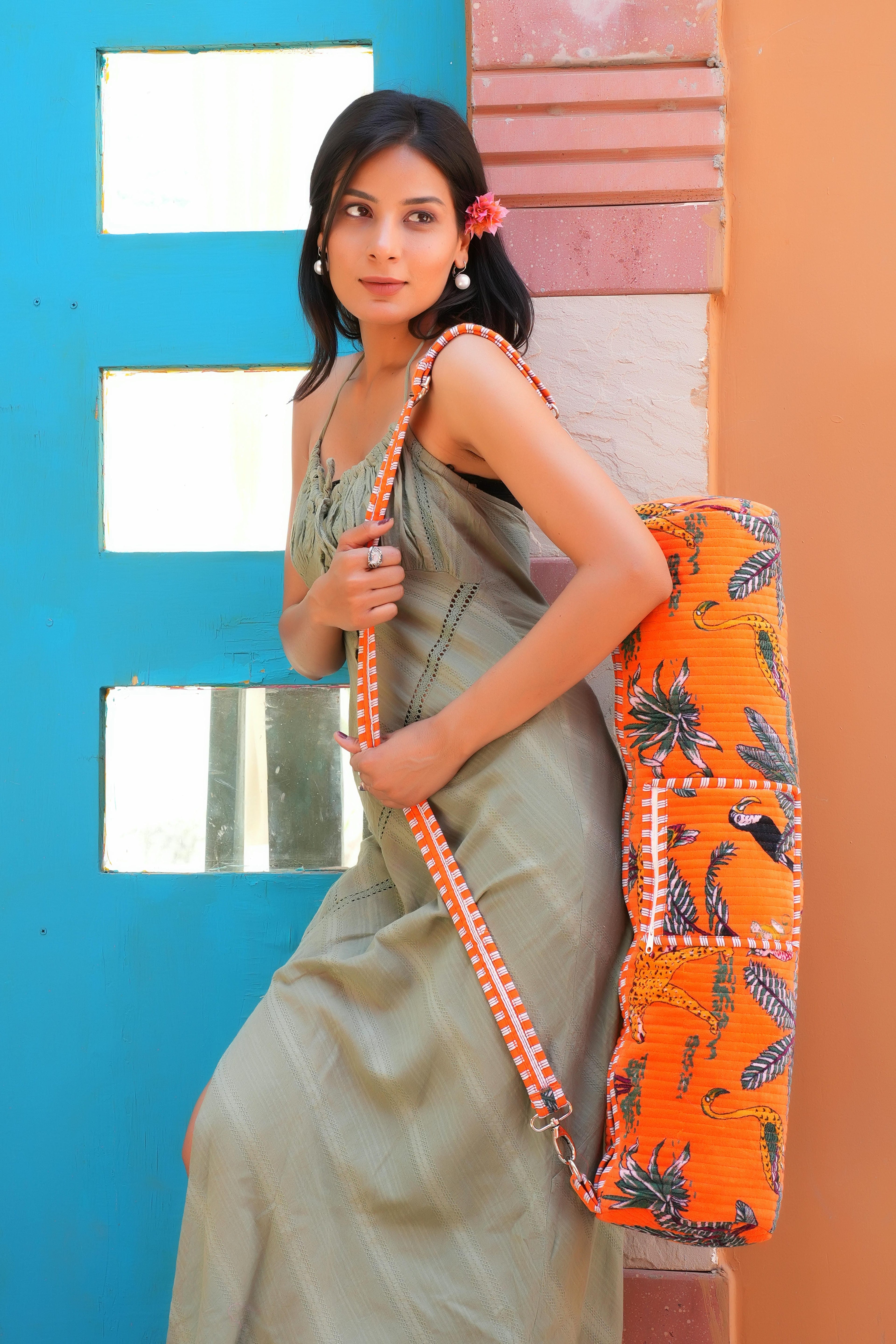 The Jungle Velvet Yoga Bag — handcrafted velvet yoga mat bag with bold Indian jungle print, made in India