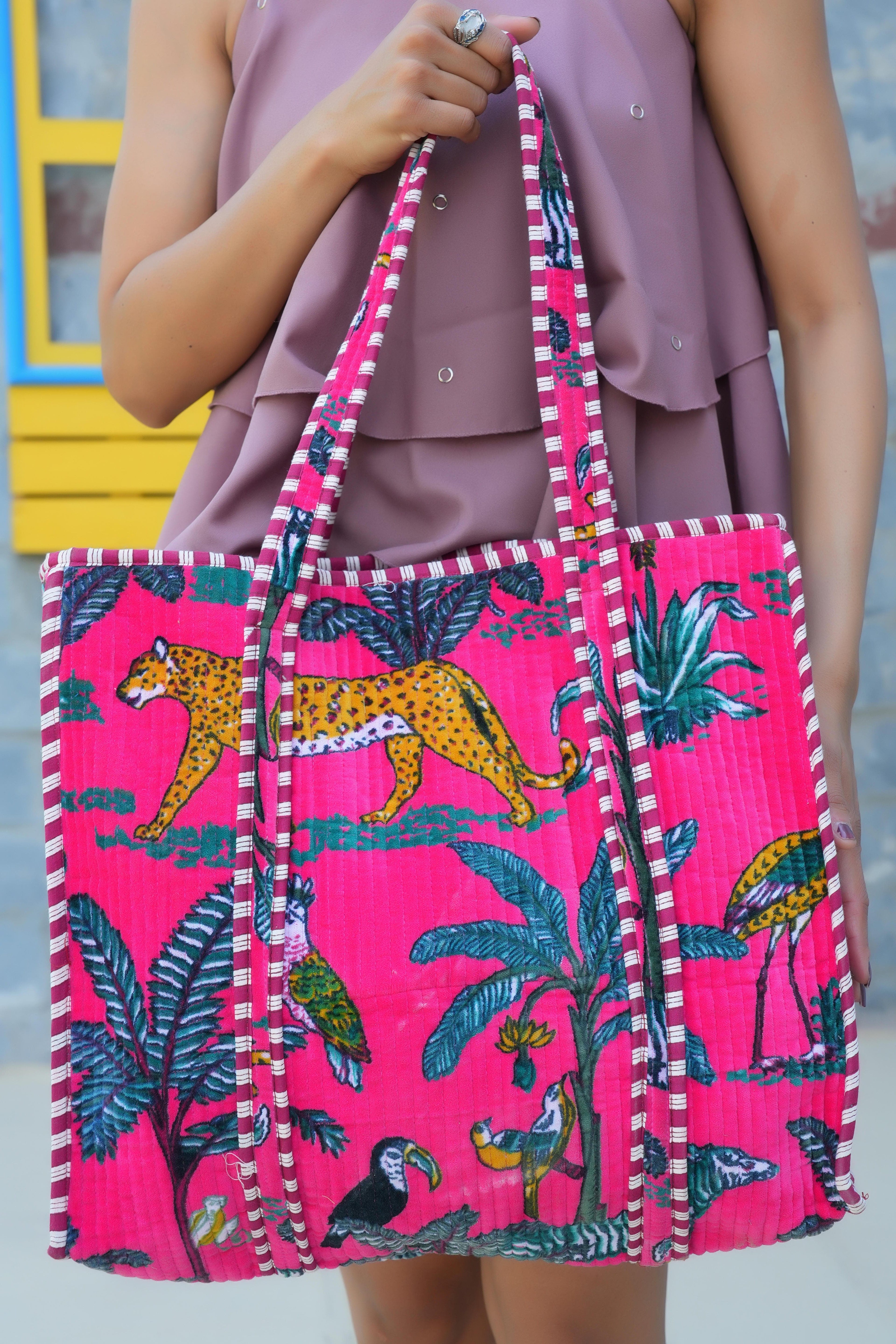 The Jungle Tote in Velvet — handmade quilted velvet tote bag, ethically made in Rajasthan, India