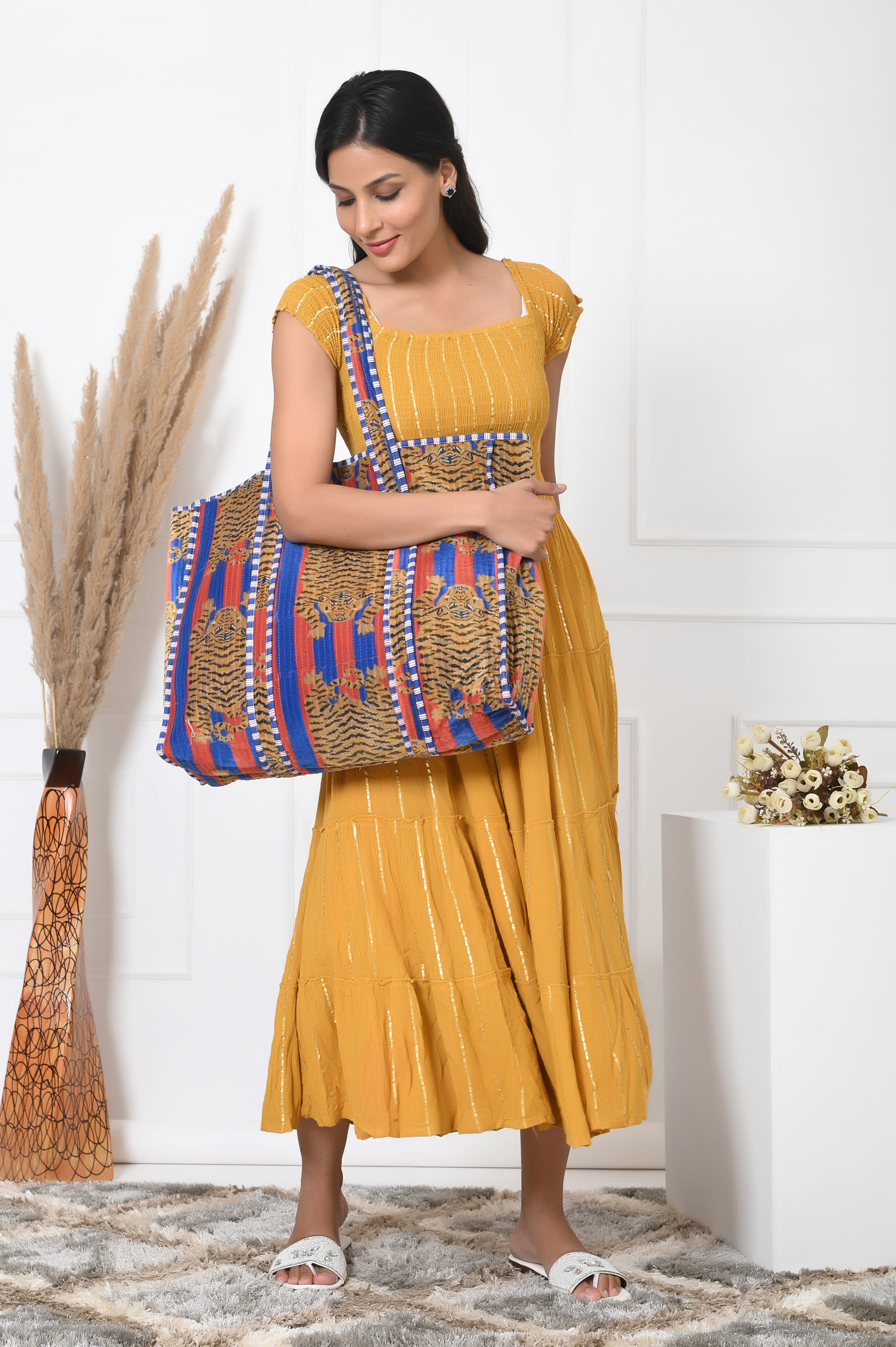The Tibetan Tiger Tote in Velvet — handmade quilted velvet tote bag, ethically made in Rajasthan, India
