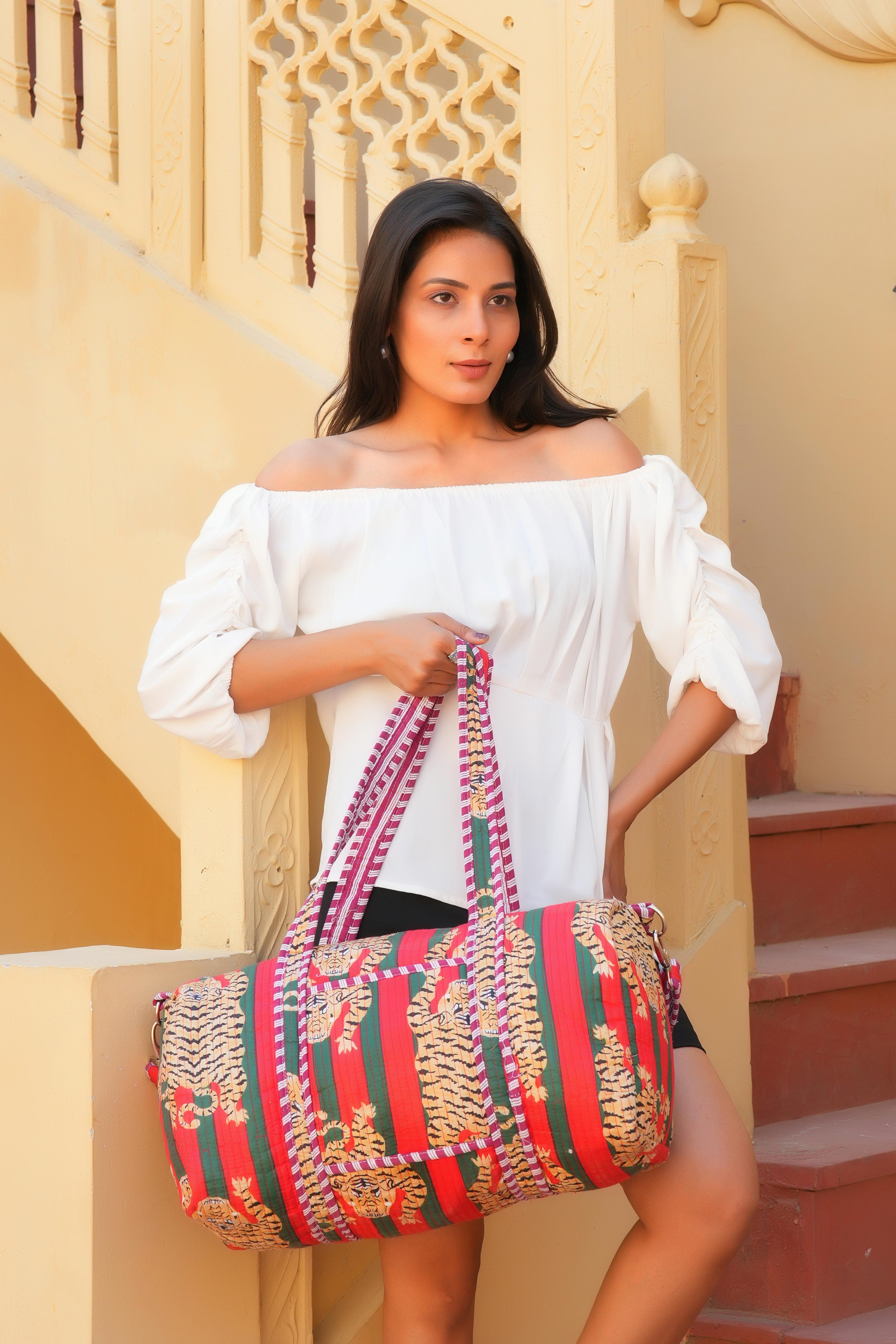The Tibetan Tiger Weekender — handmade hand block printed cotton weekender bag, ethically made in Rajasthan, India
