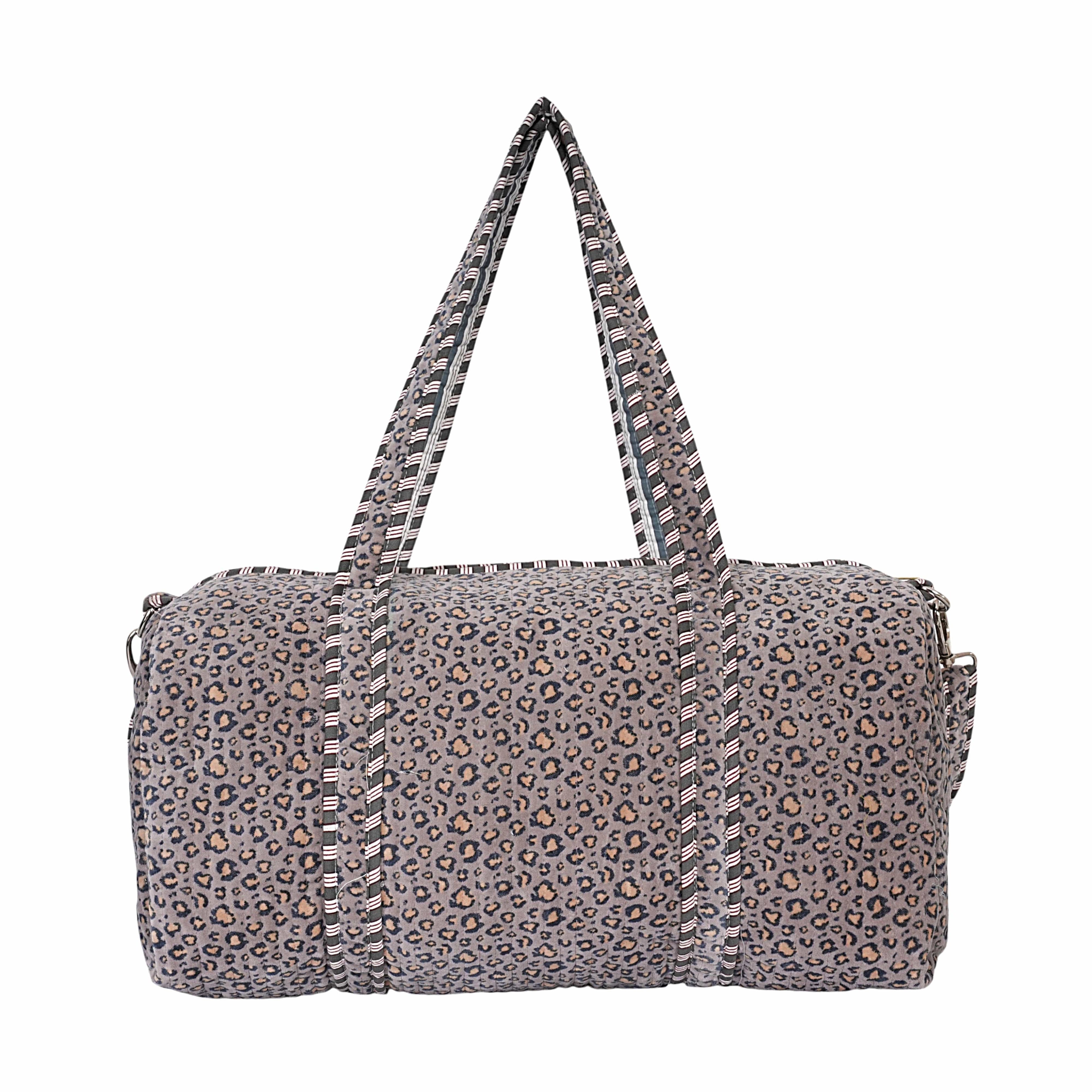 The Velvet Leopard Weekender — handmade quilted velvet weekender bag, ethically made in Rajasthan, India