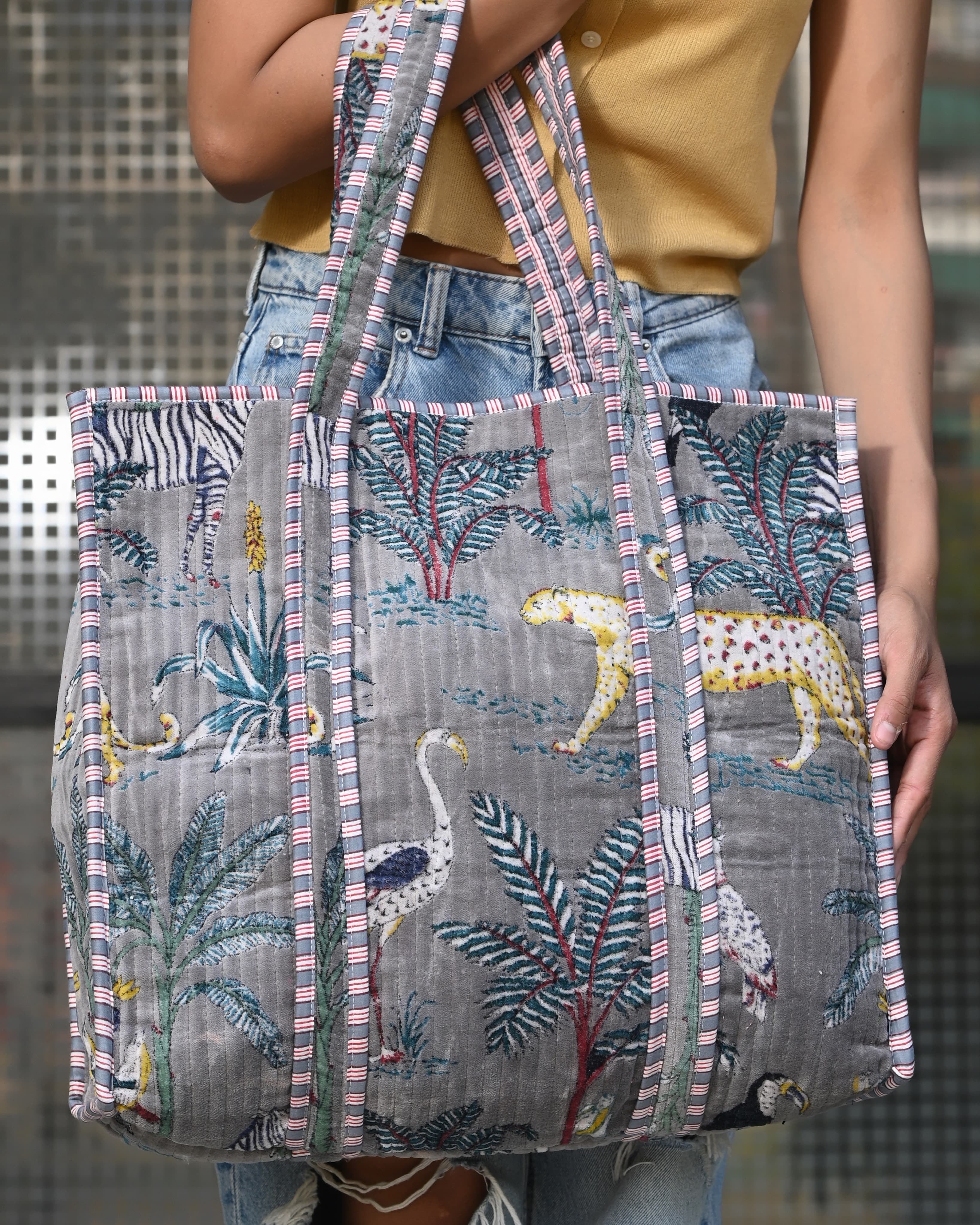 The Jungle Tote in Velvet — handmade quilted velvet tote bag, ethically made in Rajasthan, India