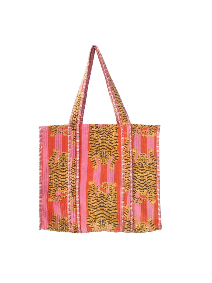 The Tibetan Tiger Tote in Velvet — handmade quilted velvet tote bag, ethically made in Rajasthan, India