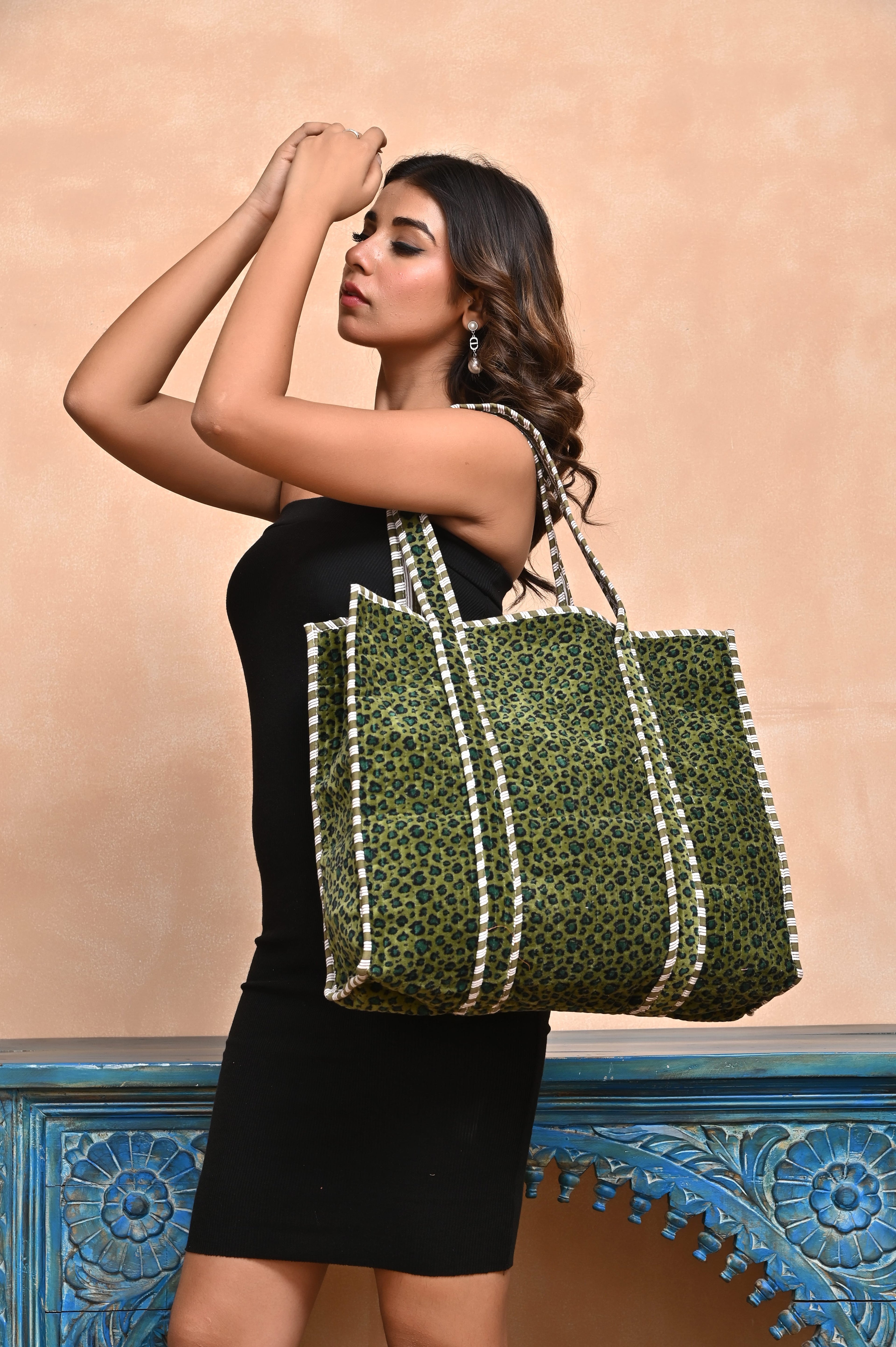The Velvet Leopard Tote — handmade quilted velvet tote bag, ethically made in Rajasthan, India
