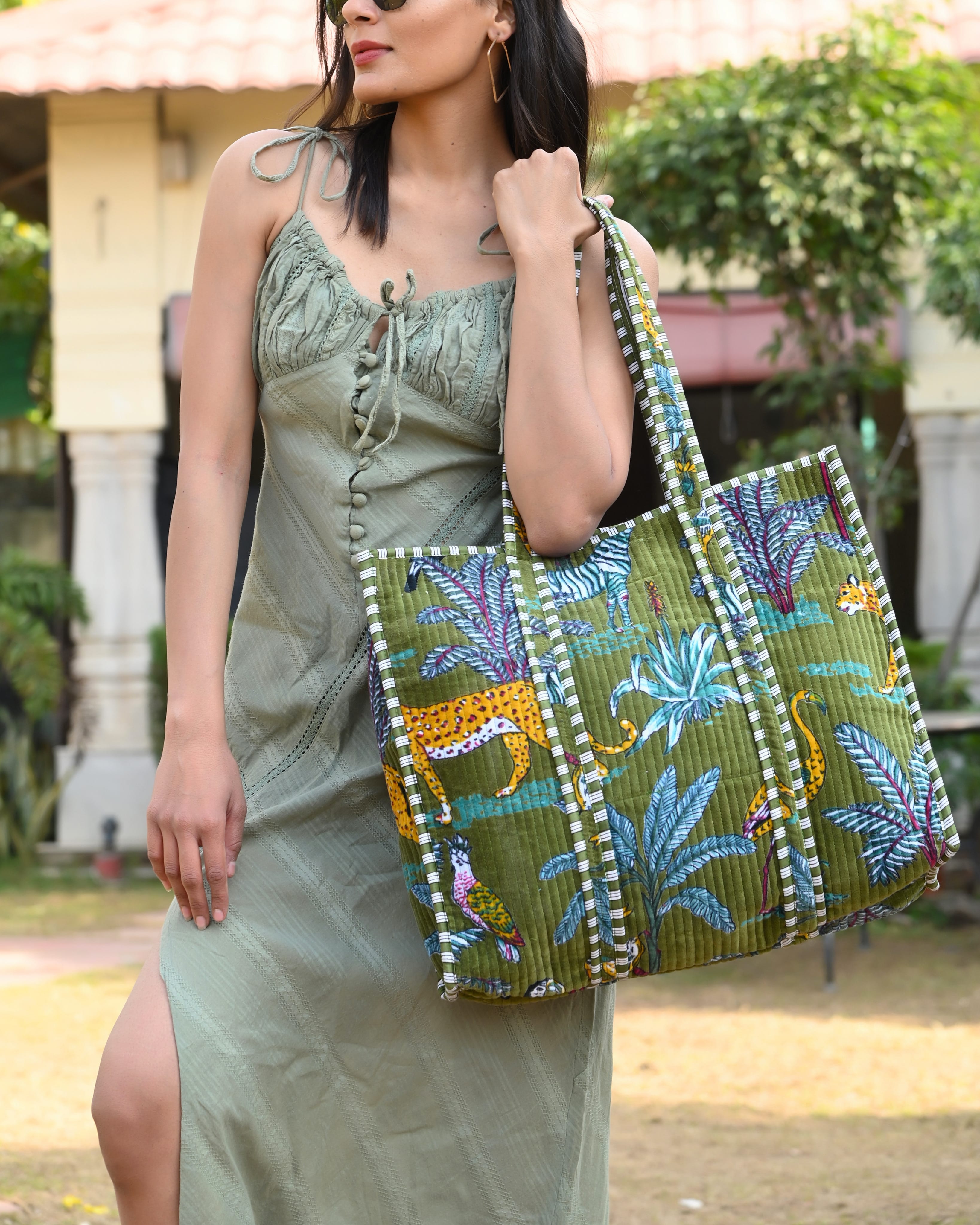 The Jungle Tote in Velvet — handmade quilted velvet tote bag, ethically made in Rajasthan, India