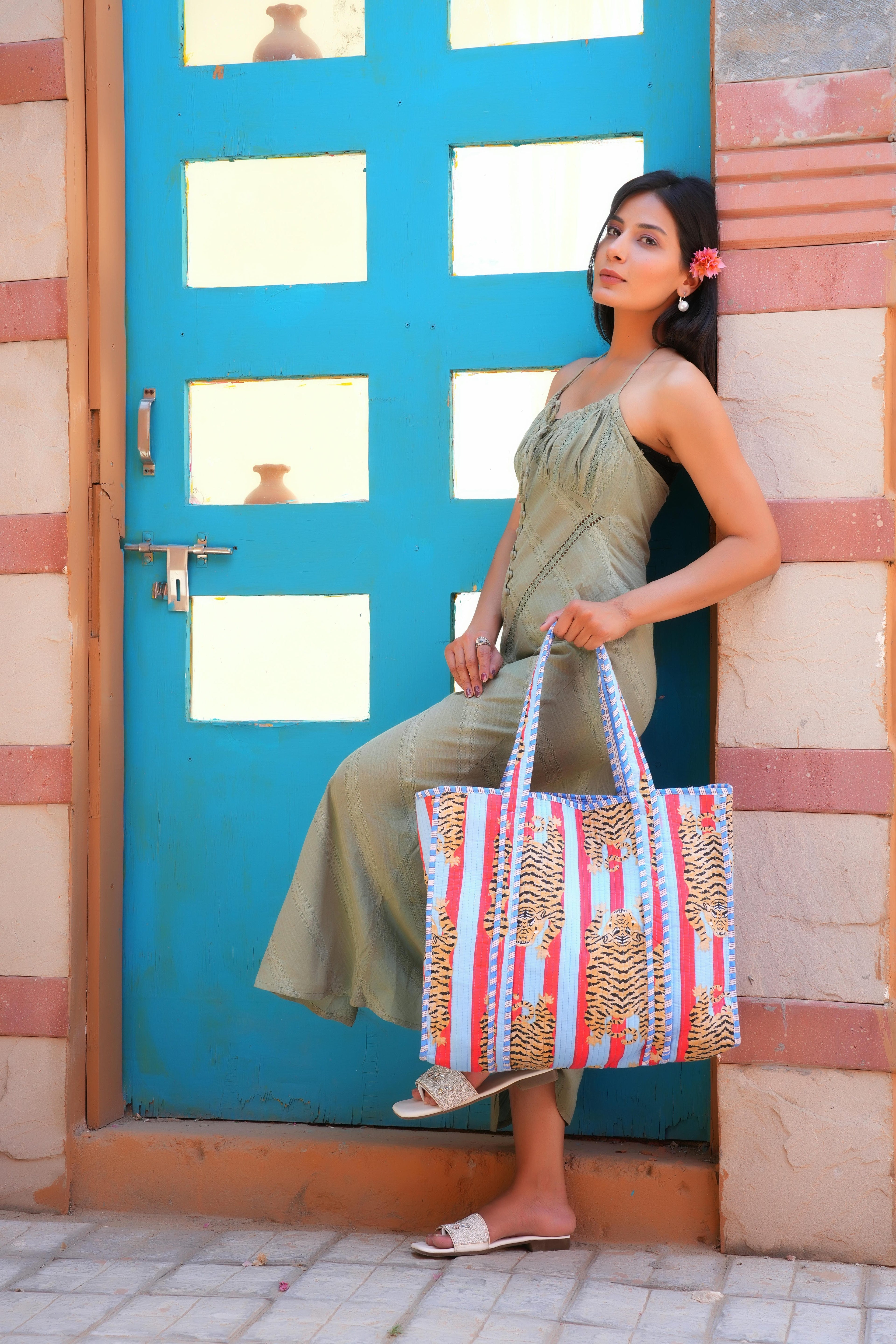 The Tibetan Tiger Tote — handmade hand block printed cotton tote bag, ethically made in Rajasthan, India