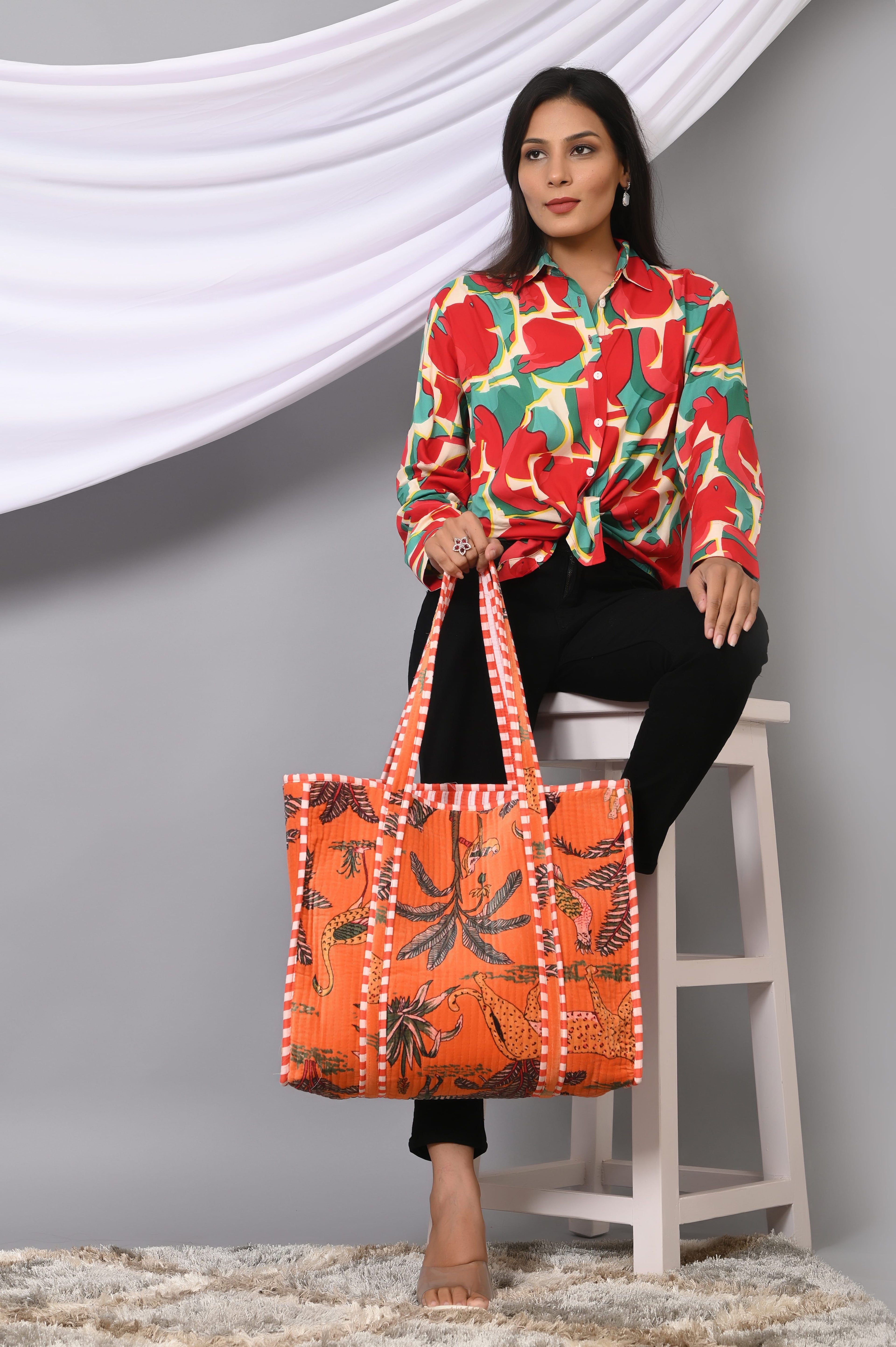 The Jungle Tote in Velvet — handmade quilted velvet tote with bold Indian jungle print, ethically made in India