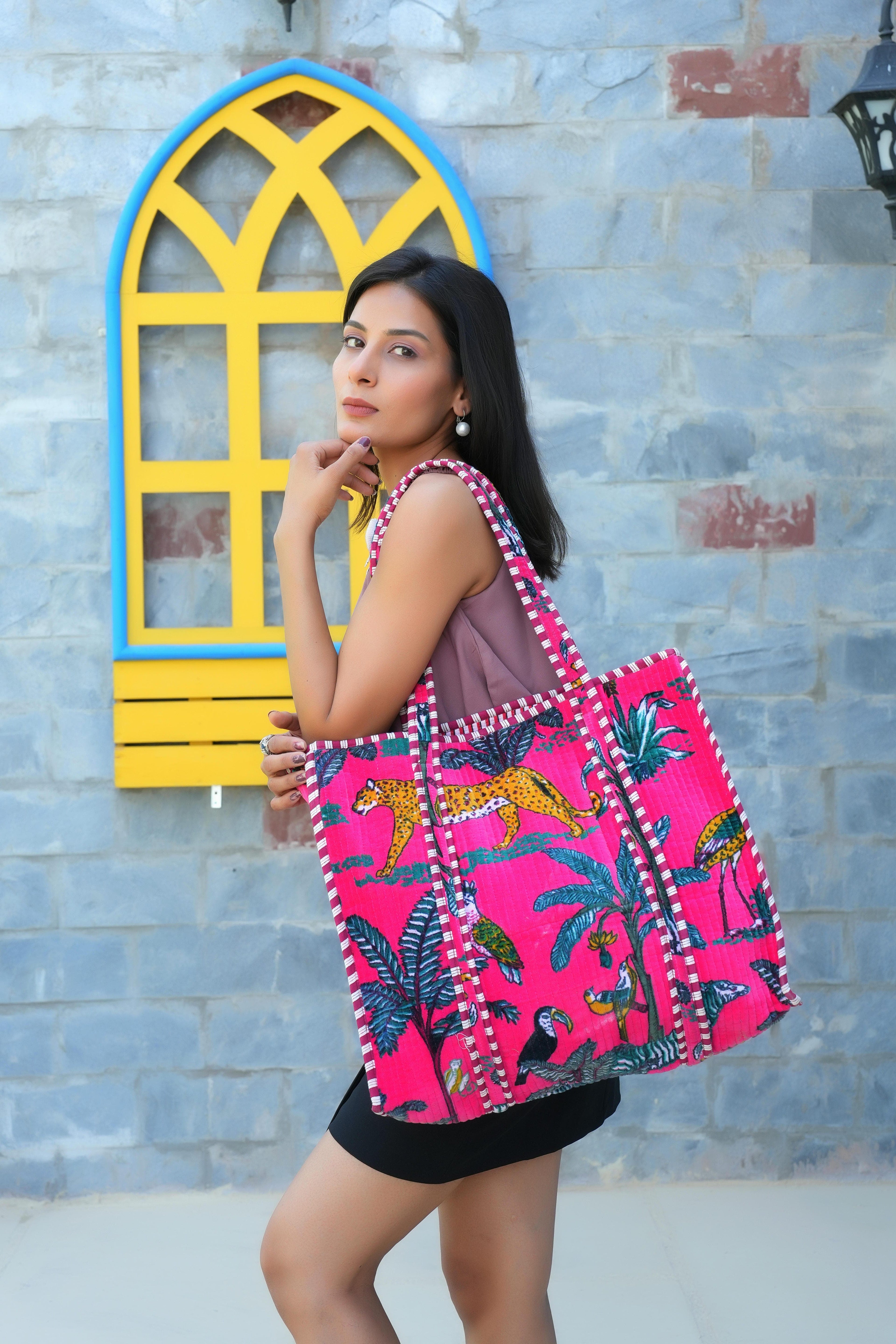 The Jungle Tote in Velvet — handmade quilted velvet tote bag, ethically made in Rajasthan, India