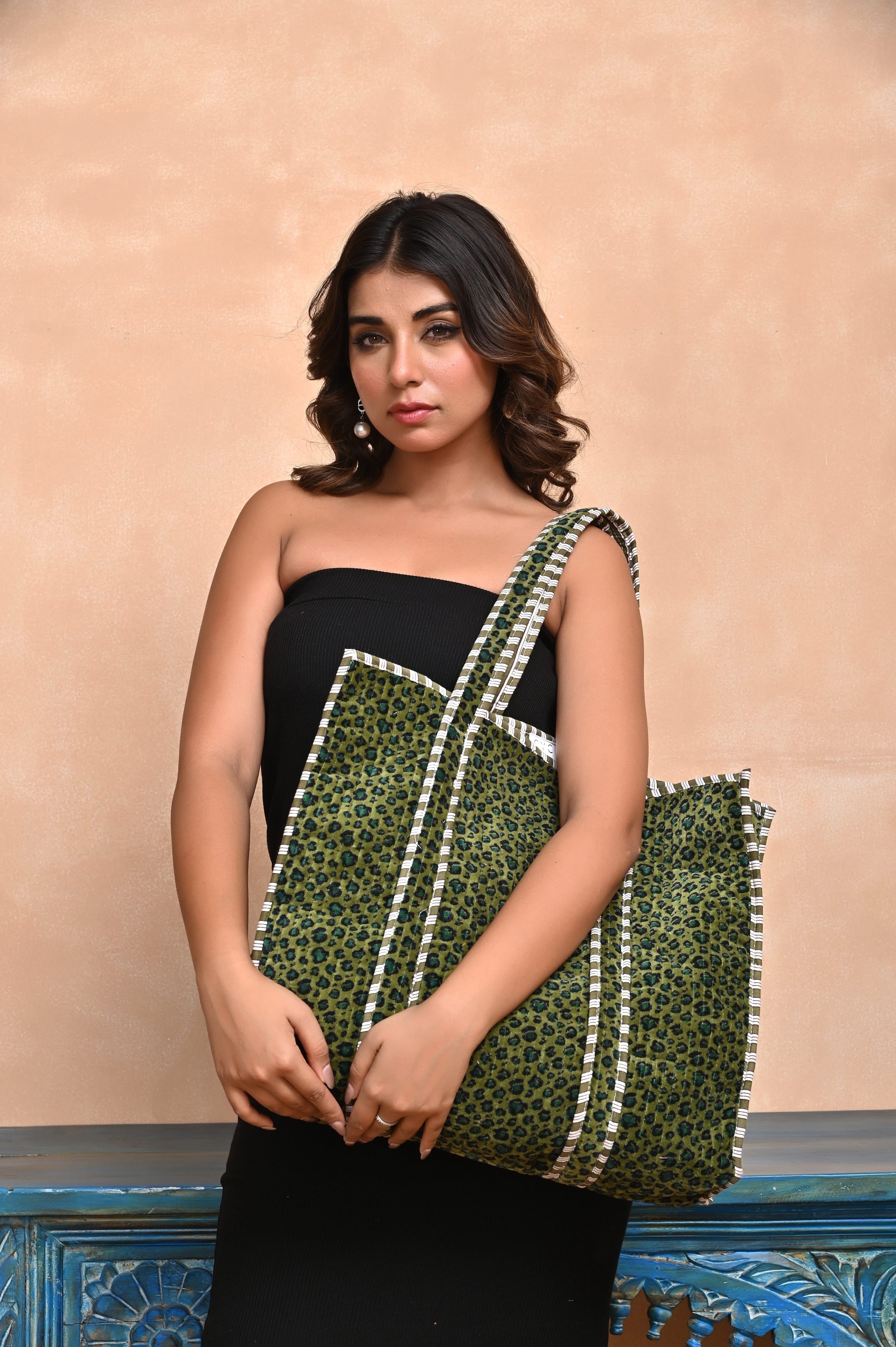 The Velvet Leopard Tote — handmade quilted velvet tote bag, ethically made in Rajasthan, India