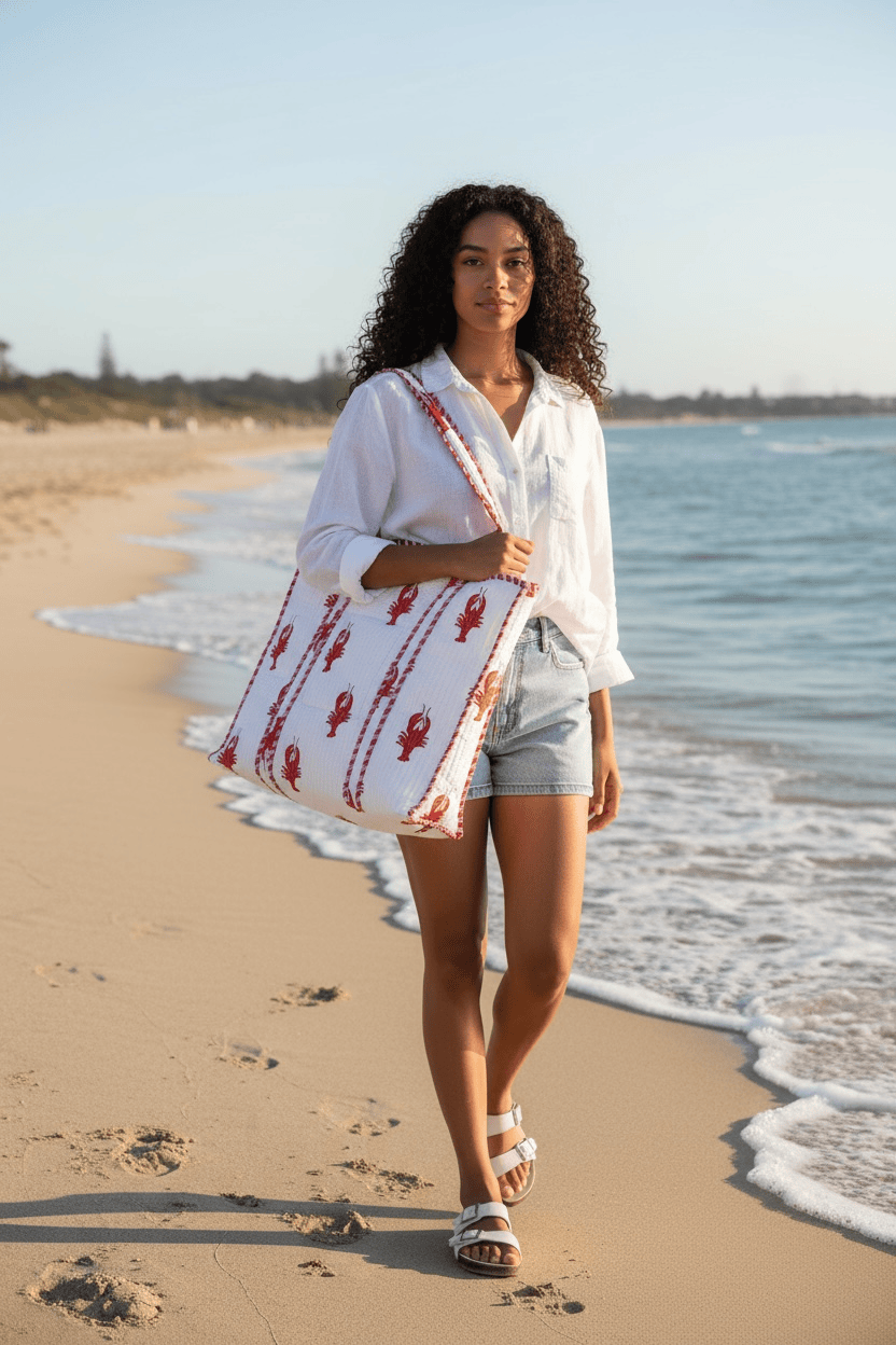 The Lobster Tote — handmade hand block printed cotton tote bag, ethically made in Rajasthan, India