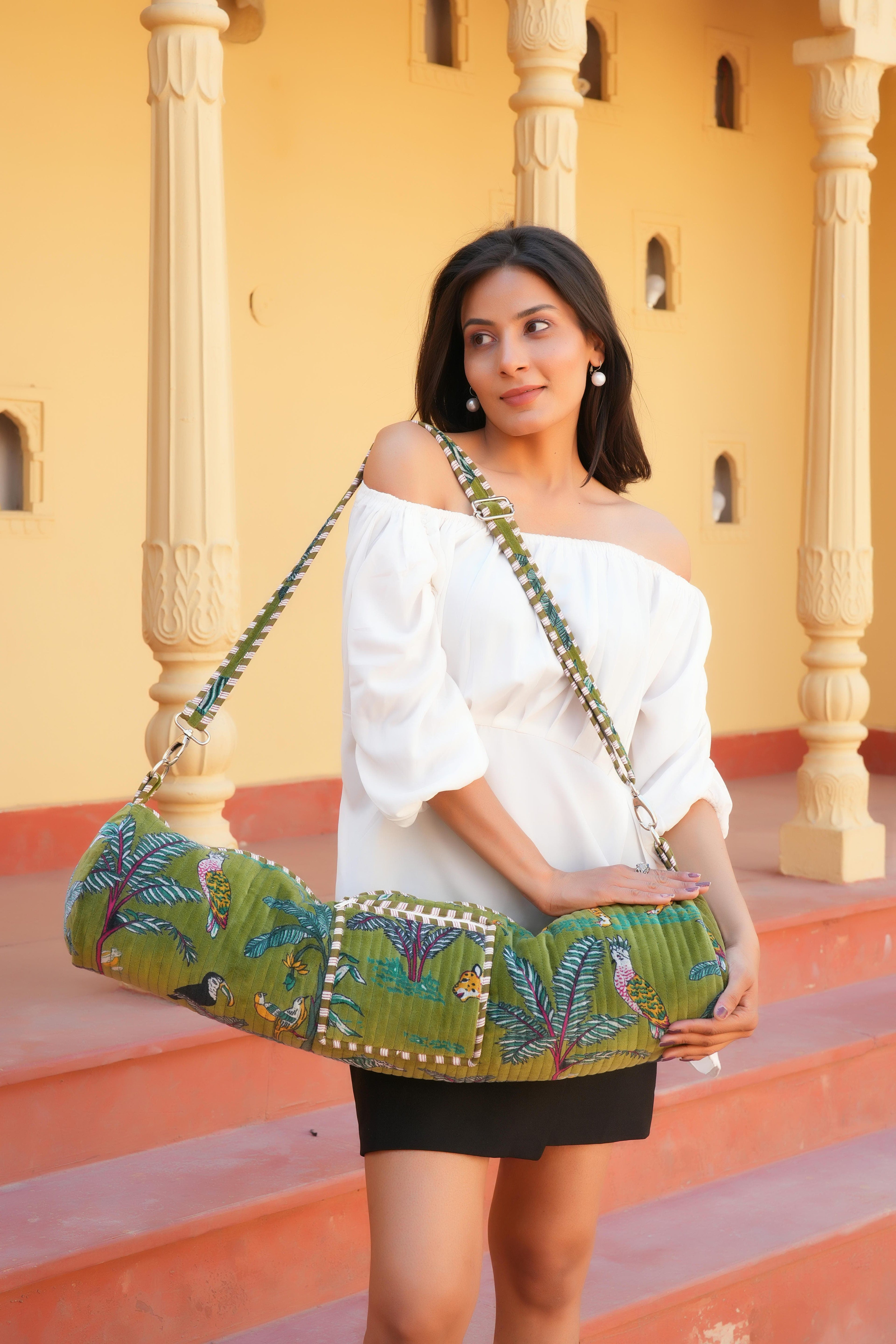 The Jungle Velvet Yoga Bag — handmade quilted velvet yoga mat bag, ethically made in Rajasthan, India