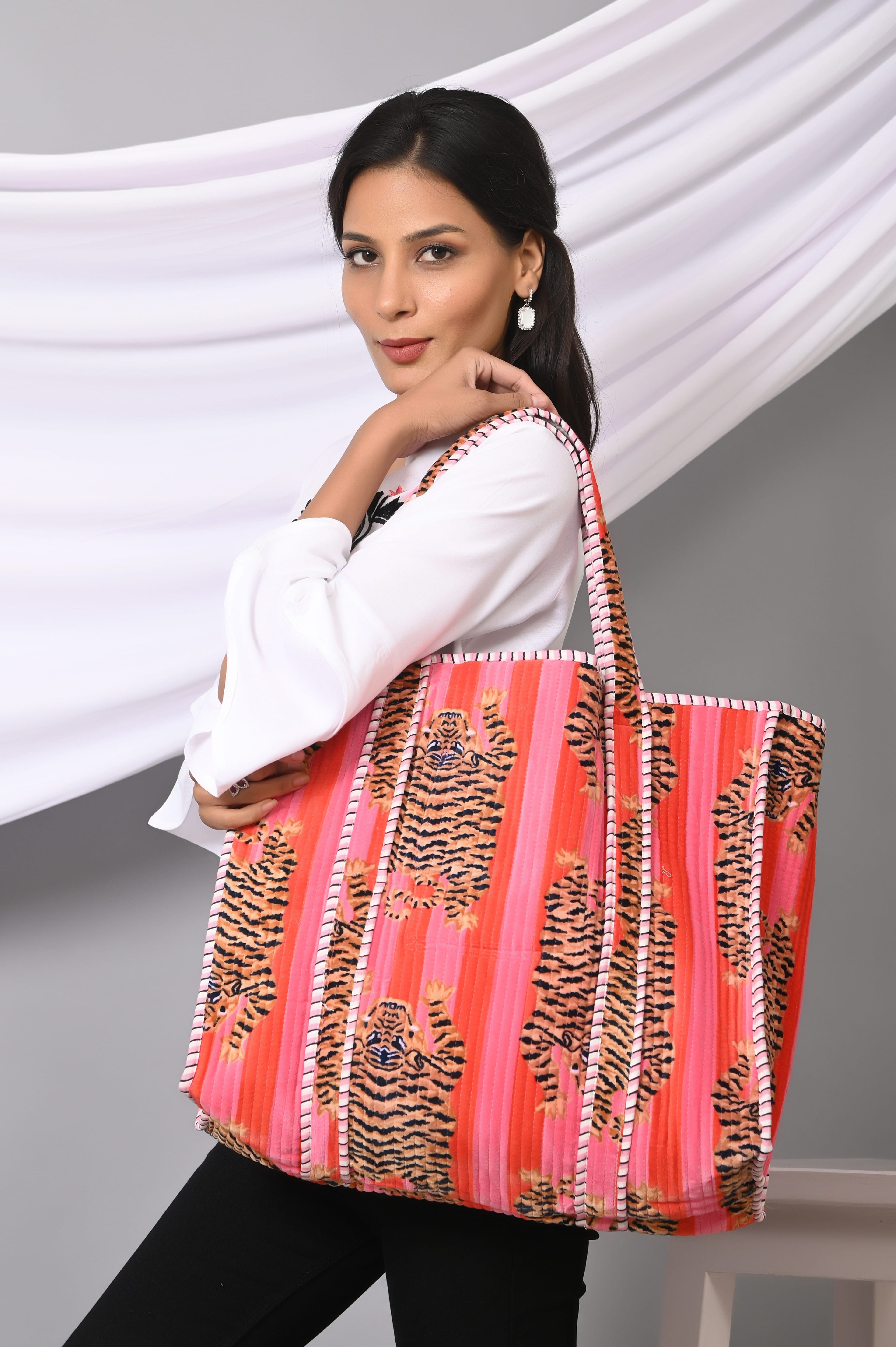 The Tibetan Tiger Tote in Velvet — handmade quilted velvet tote bag, ethically made in Rajasthan, India
