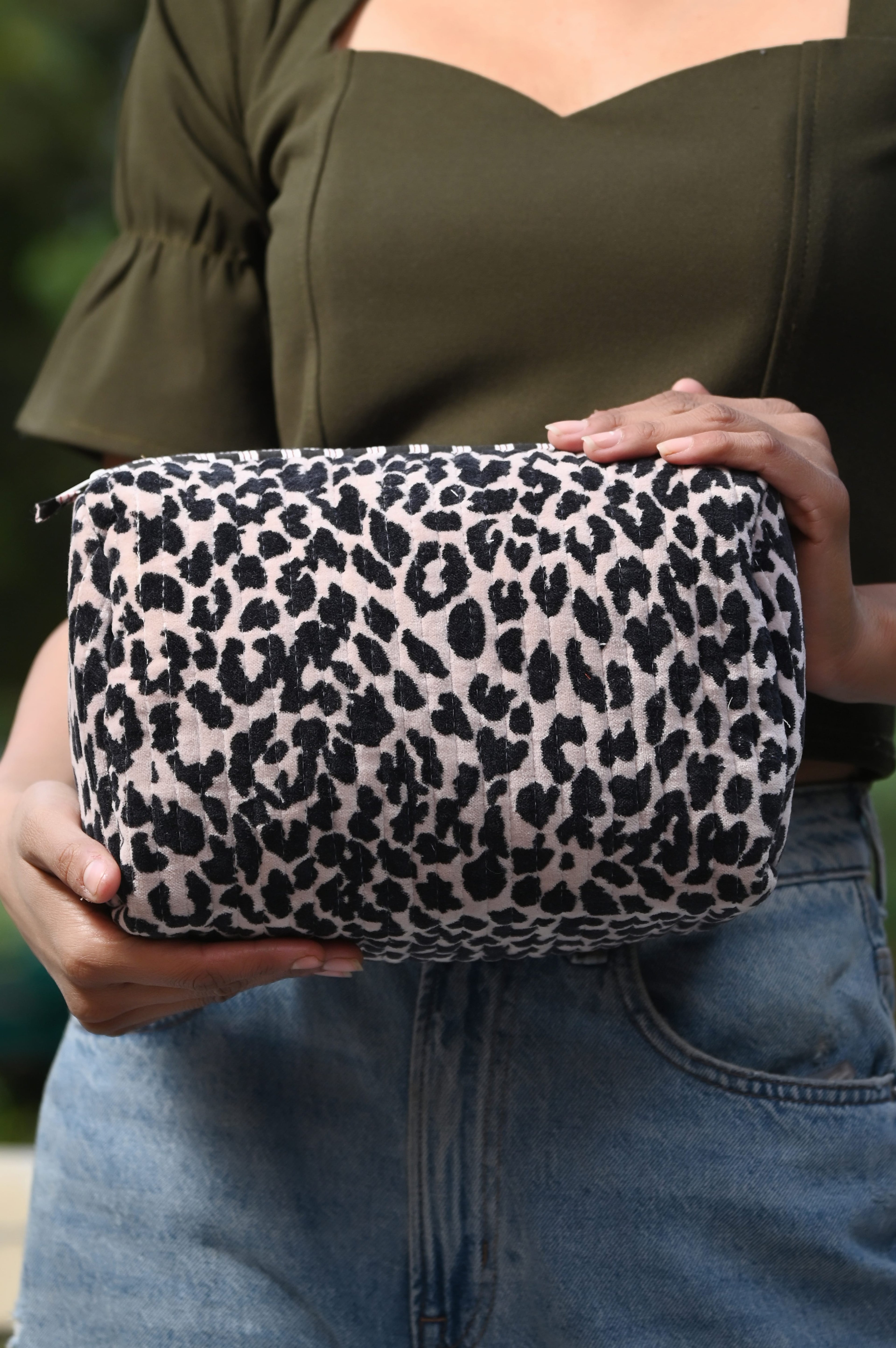 The Velvet Leopard Three Piece Travel Set — handmade quilted velvet travel pouch set, ethically made in Rajasthan, India