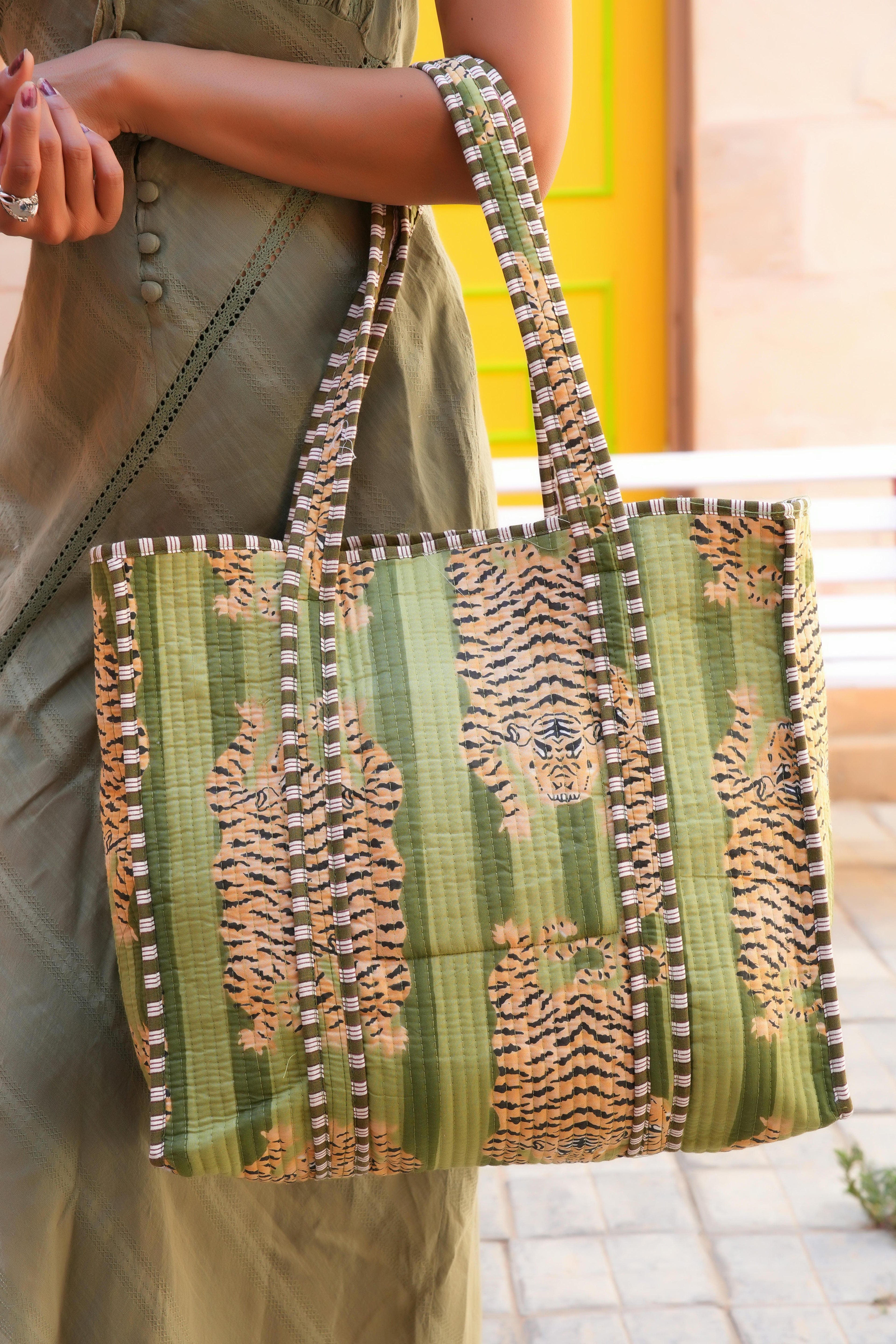 The Tibetan Tiger Tote — handmade hand block printed cotton tote bag, ethically made in Rajasthan, India