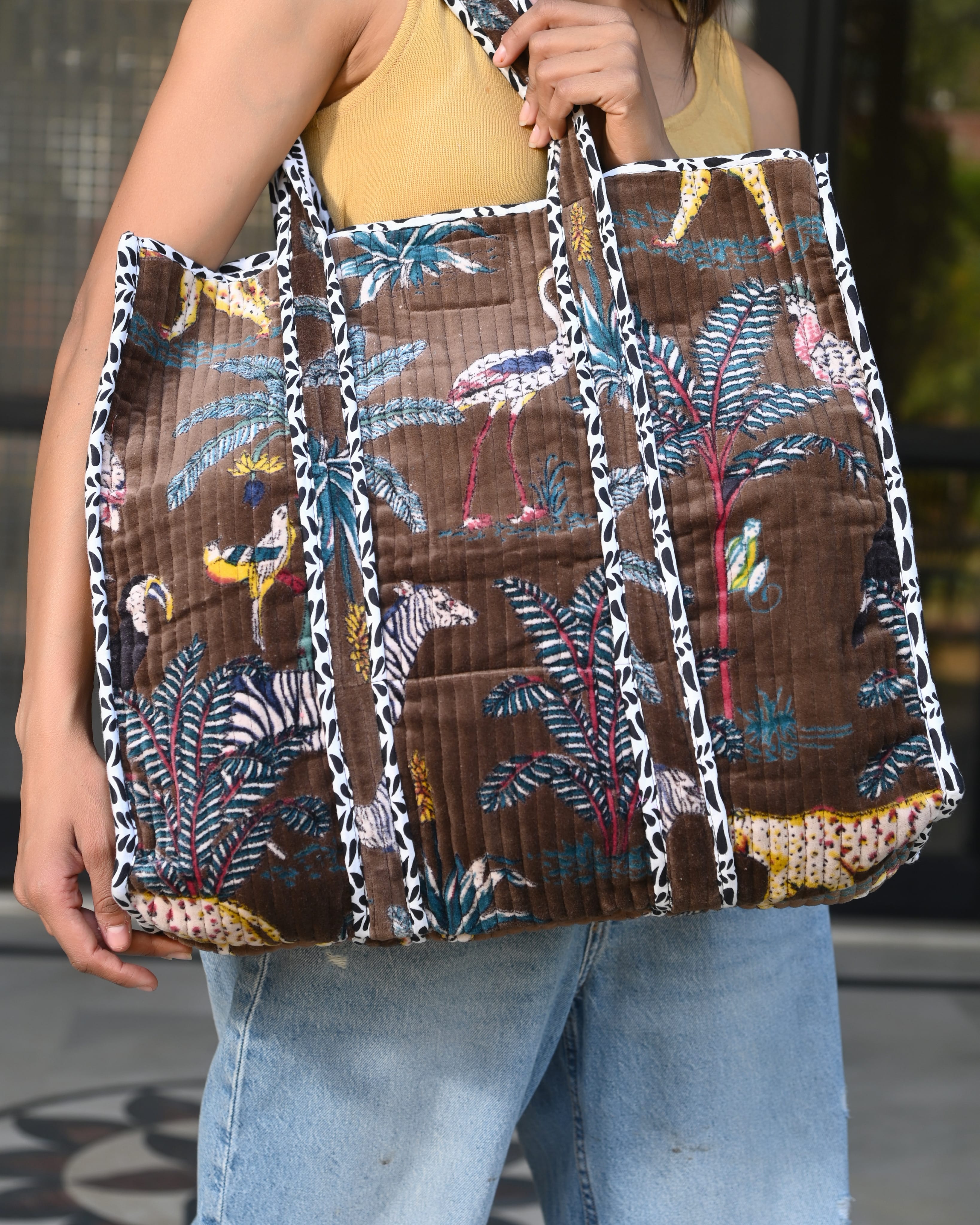 The Jungle Tote in Velvet — handmade quilted velvet tote bag, ethically made in Rajasthan, India