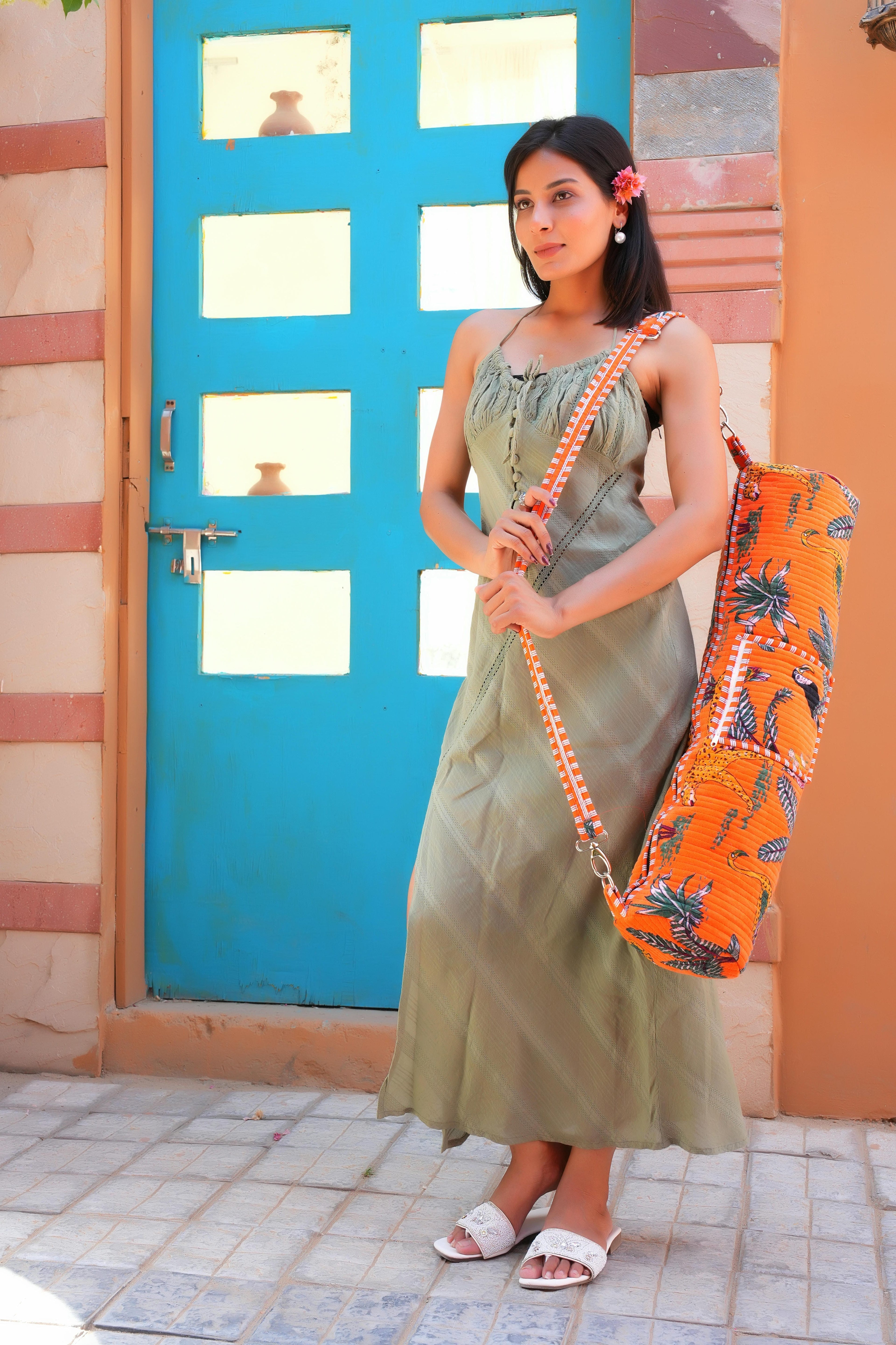 The Jungle Velvet Yoga Bag — handcrafted velvet yoga mat bag with bold Indian jungle print, made in India
